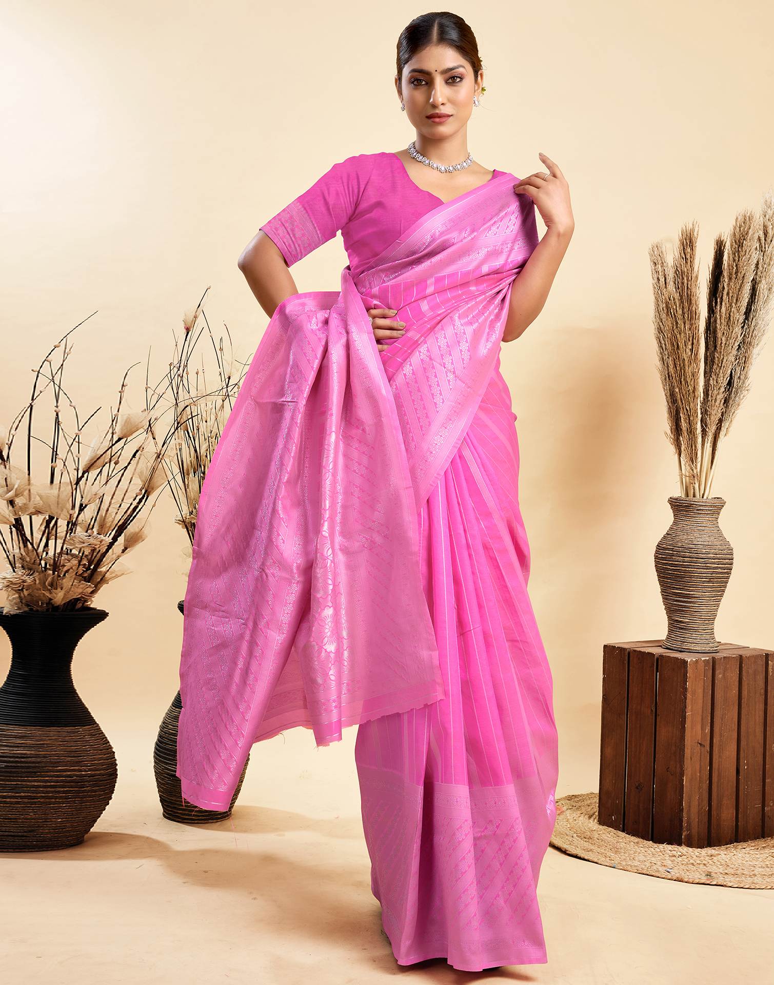 Pink Silk Woven Saree