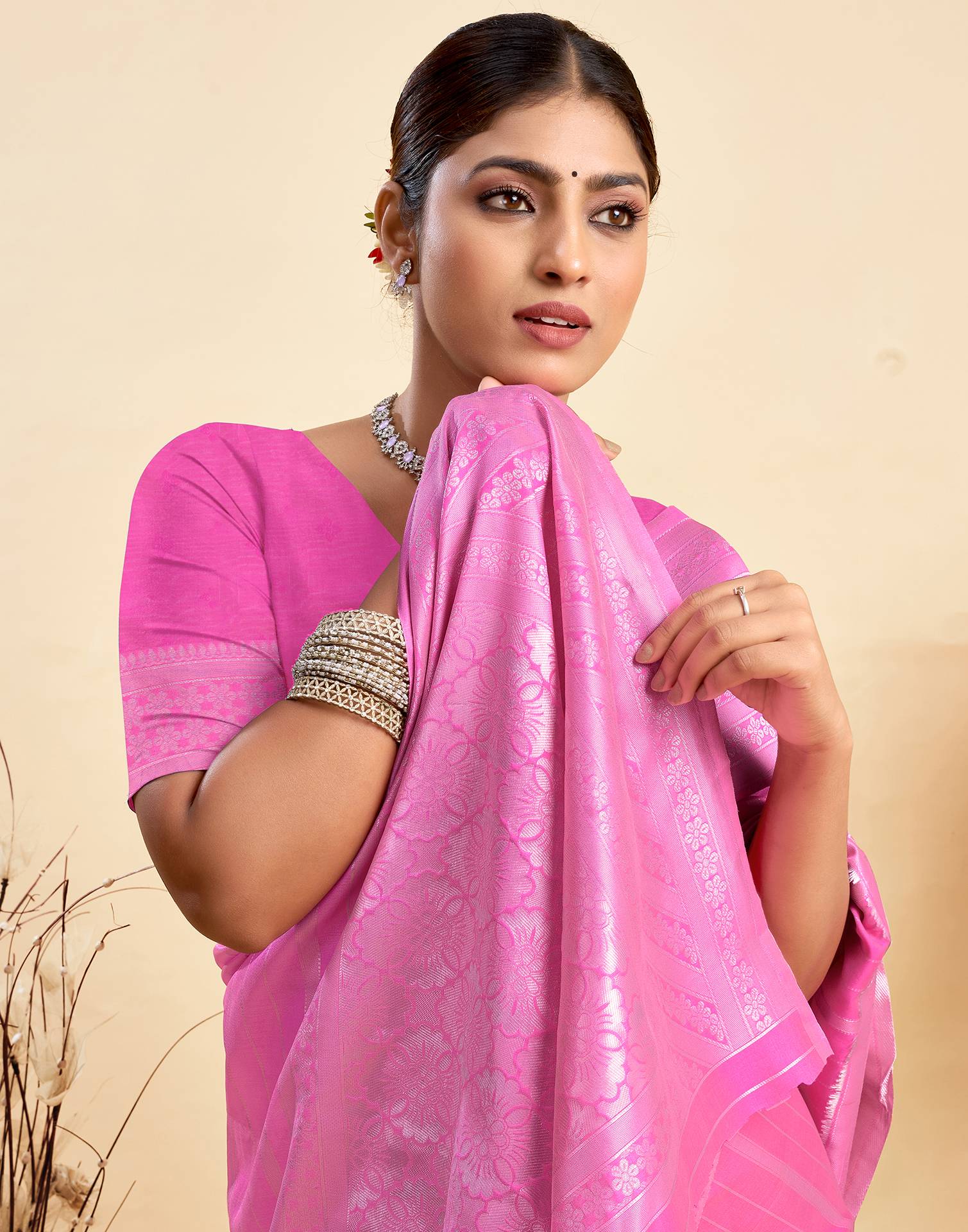 Pink Silk Woven Saree