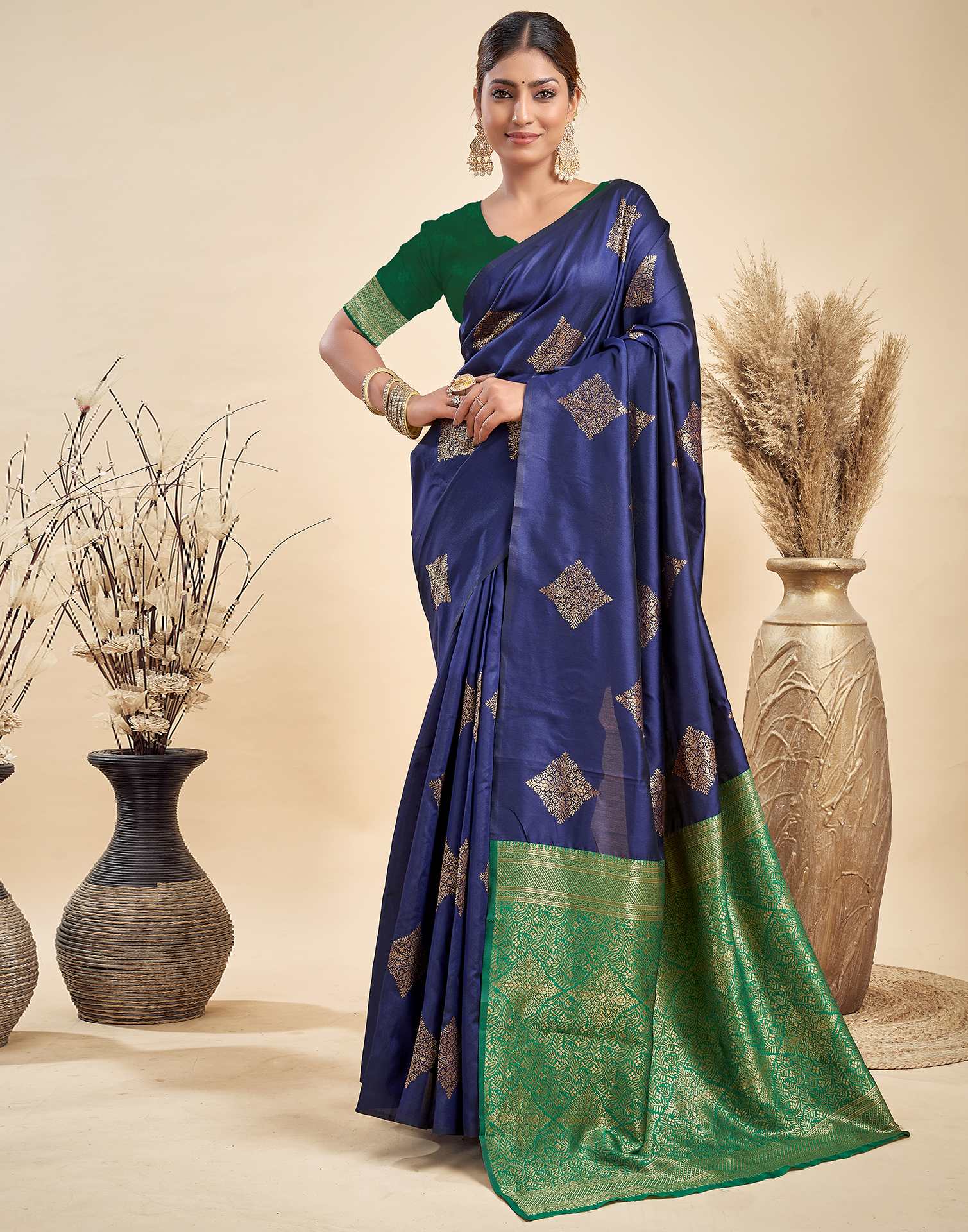 Navy Blue Silk Woven Saree