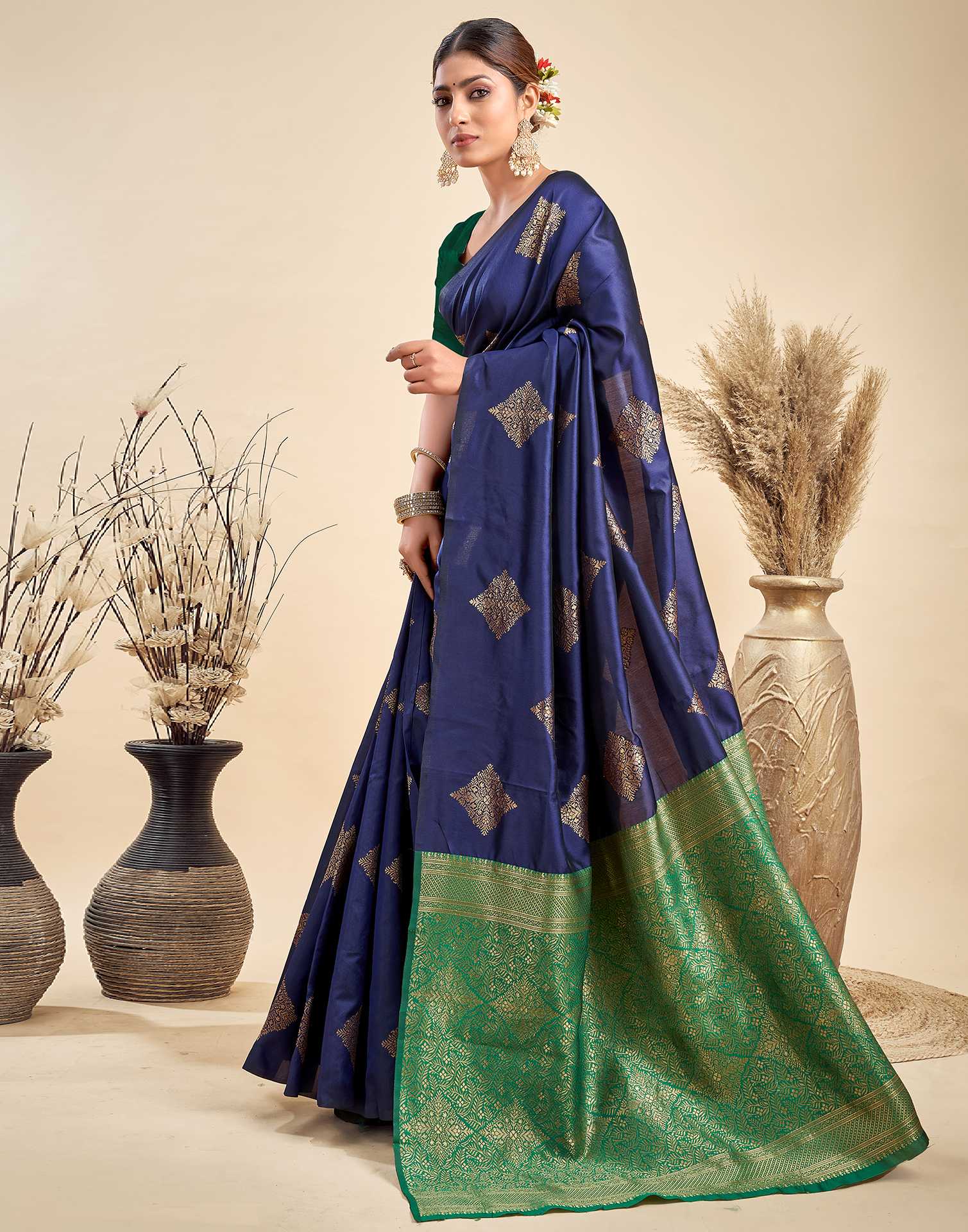 Navy Blue Silk Woven Saree