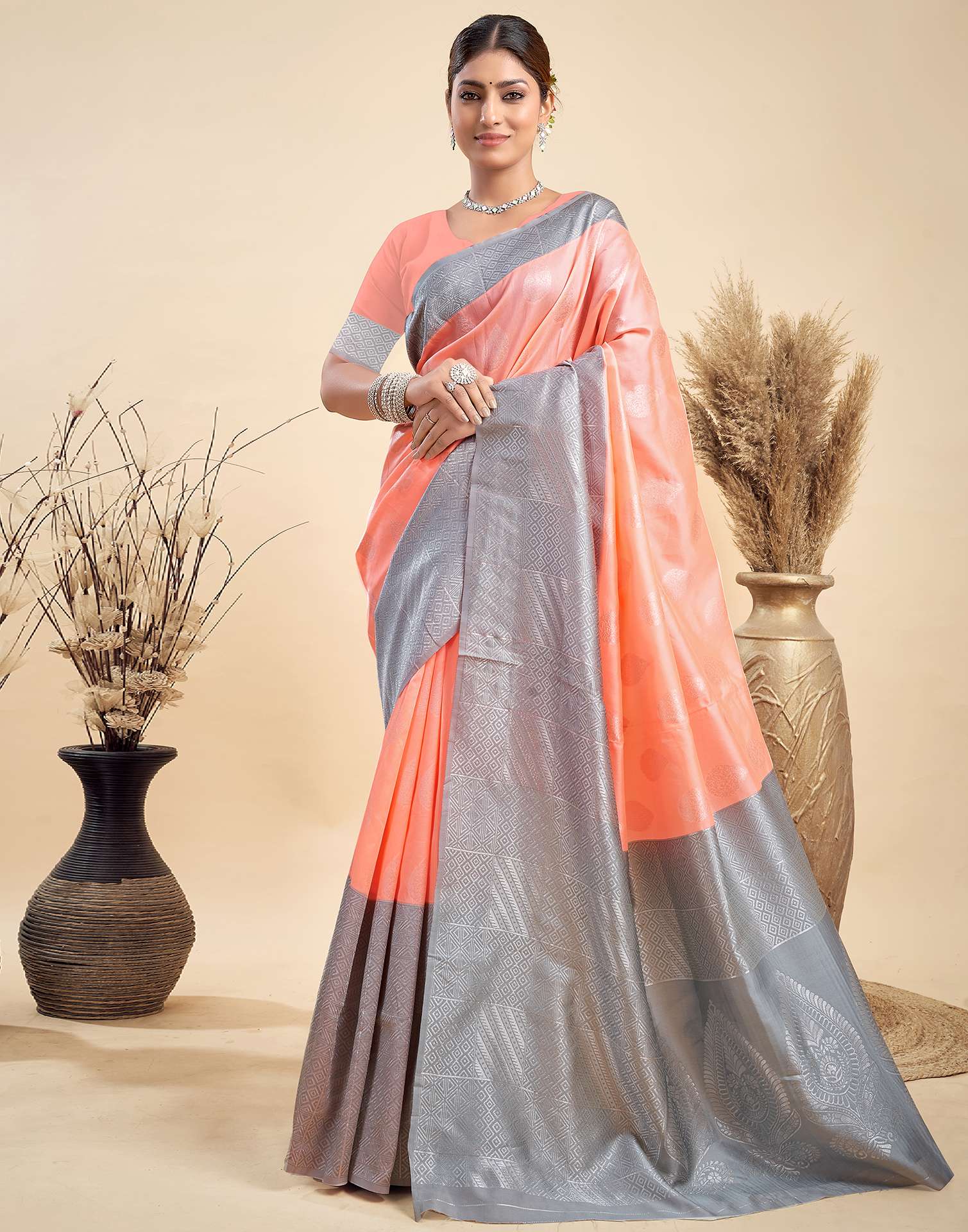 Light Orange Silk Woven Banarasi Saree