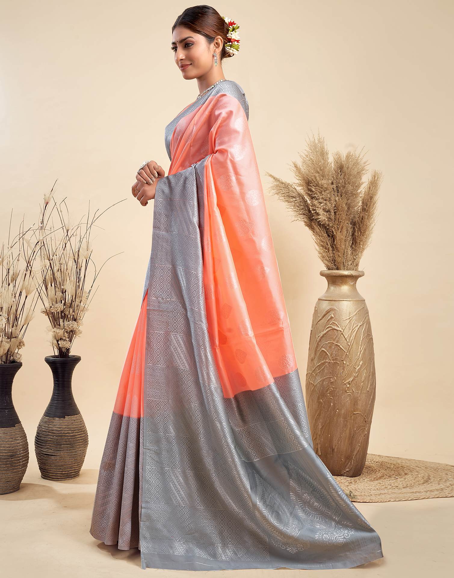 Light Orange Silk Woven Banarasi Saree