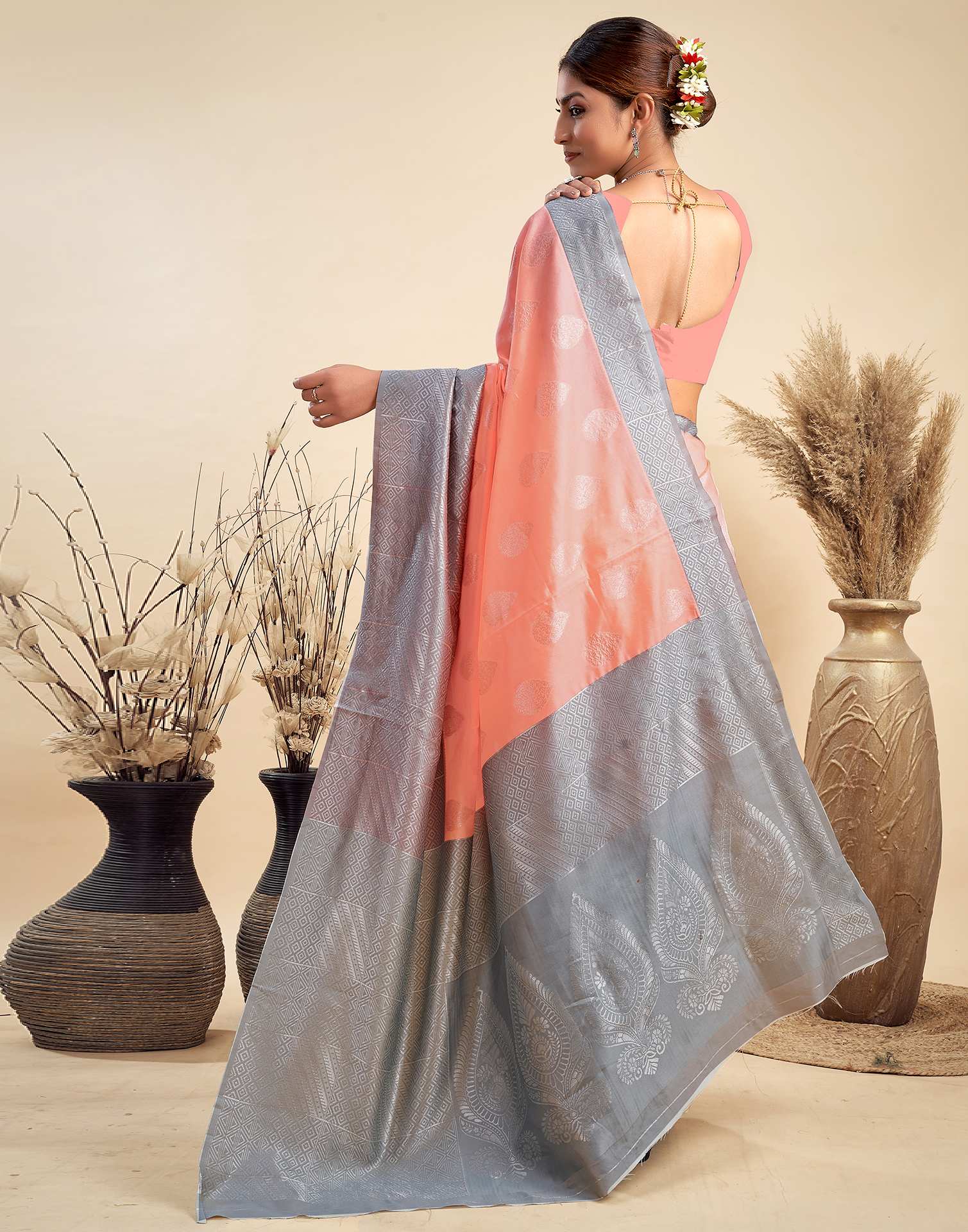 Light Orange Silk Woven Banarasi Saree