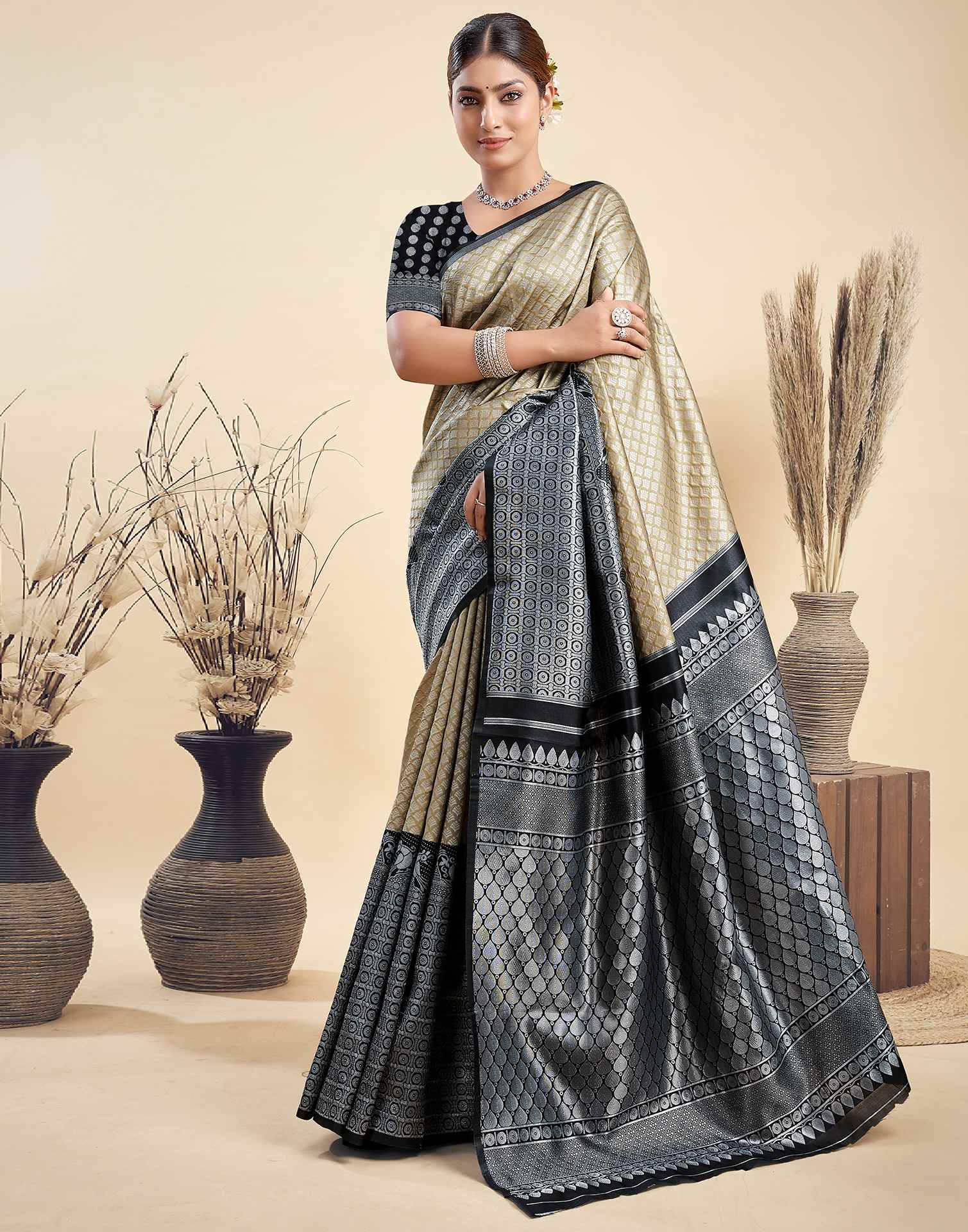 Khaki Silk Woven Kanjivaram Saree