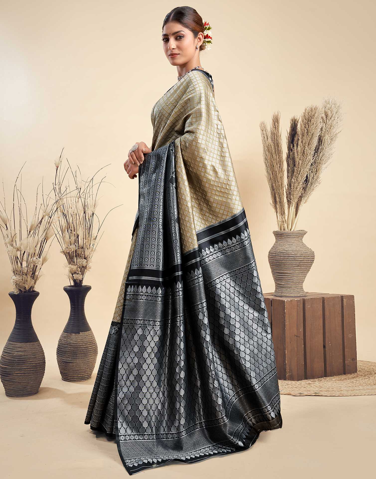 Khaki Silk Woven Kanjivaram Saree