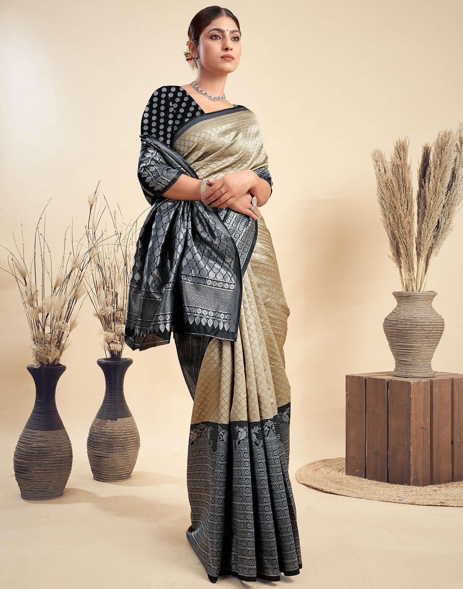 Khaki Silk Woven Kanjivaram Saree