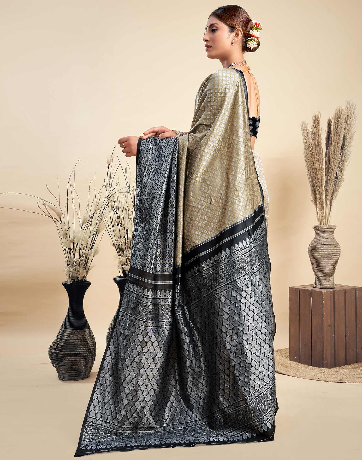 Khaki Silk Woven Kanjivaram Saree