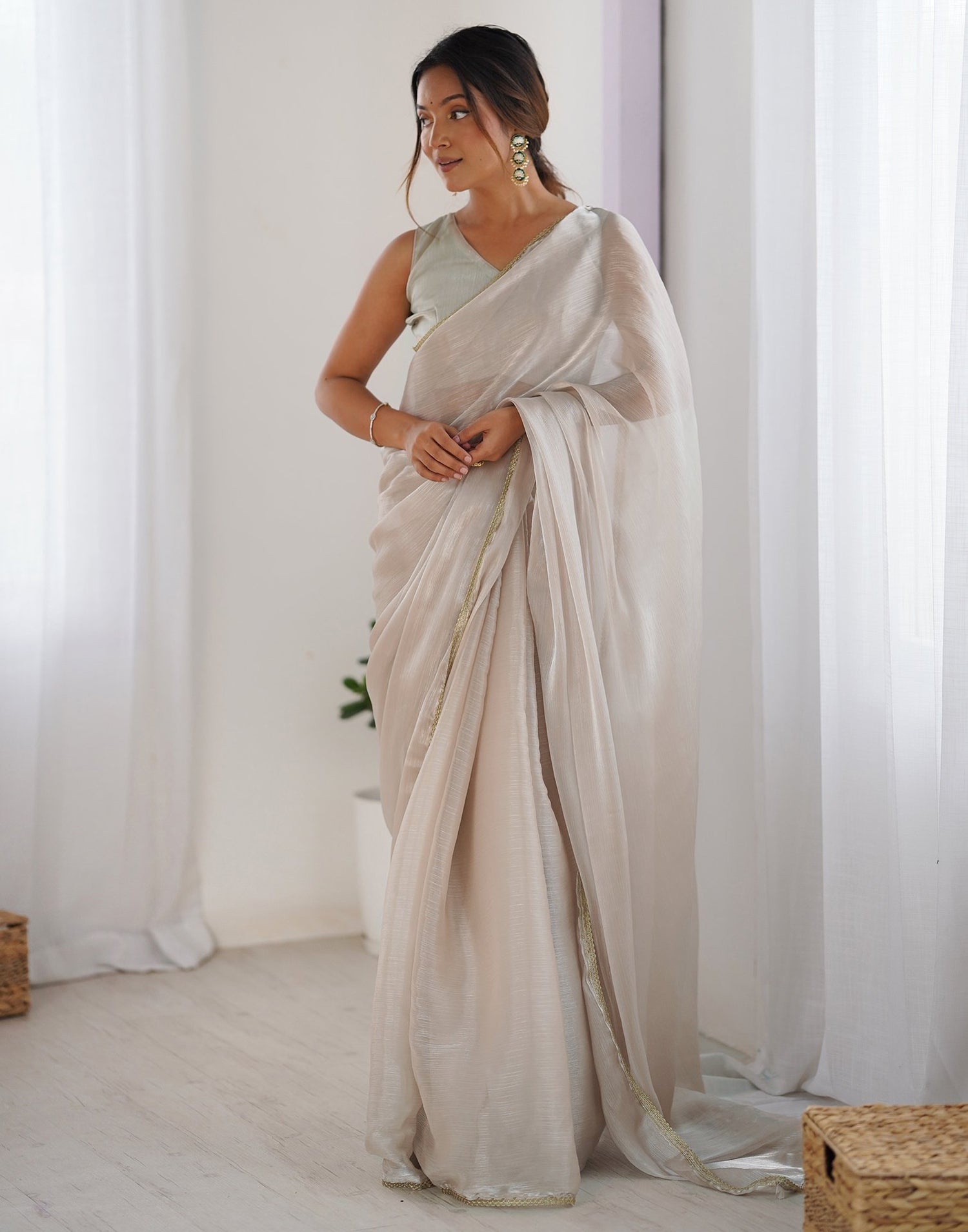 Beige Shimmer Chiffon Lace Solid Saree