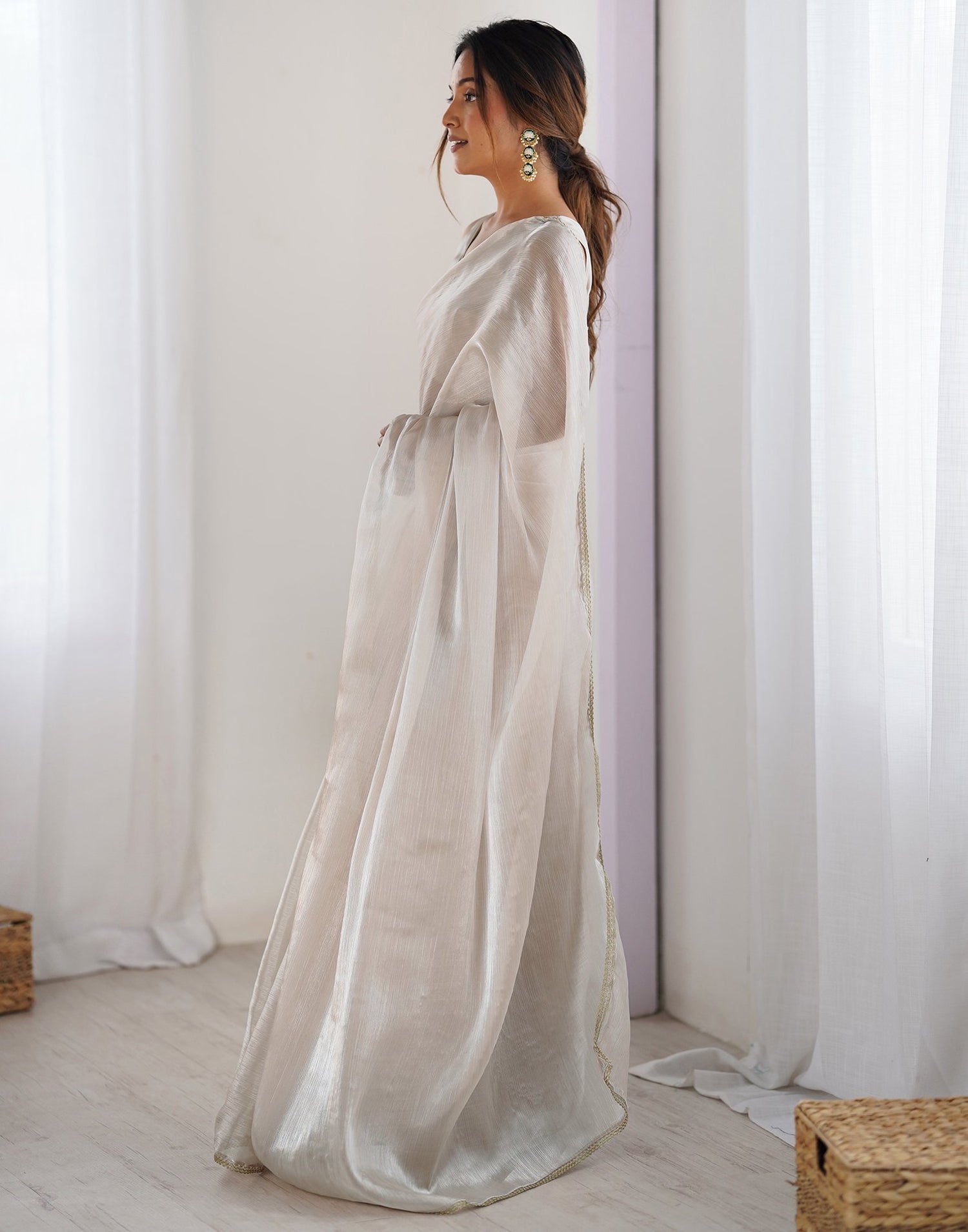 Beige Shimmer Chiffon Lace Solid Saree