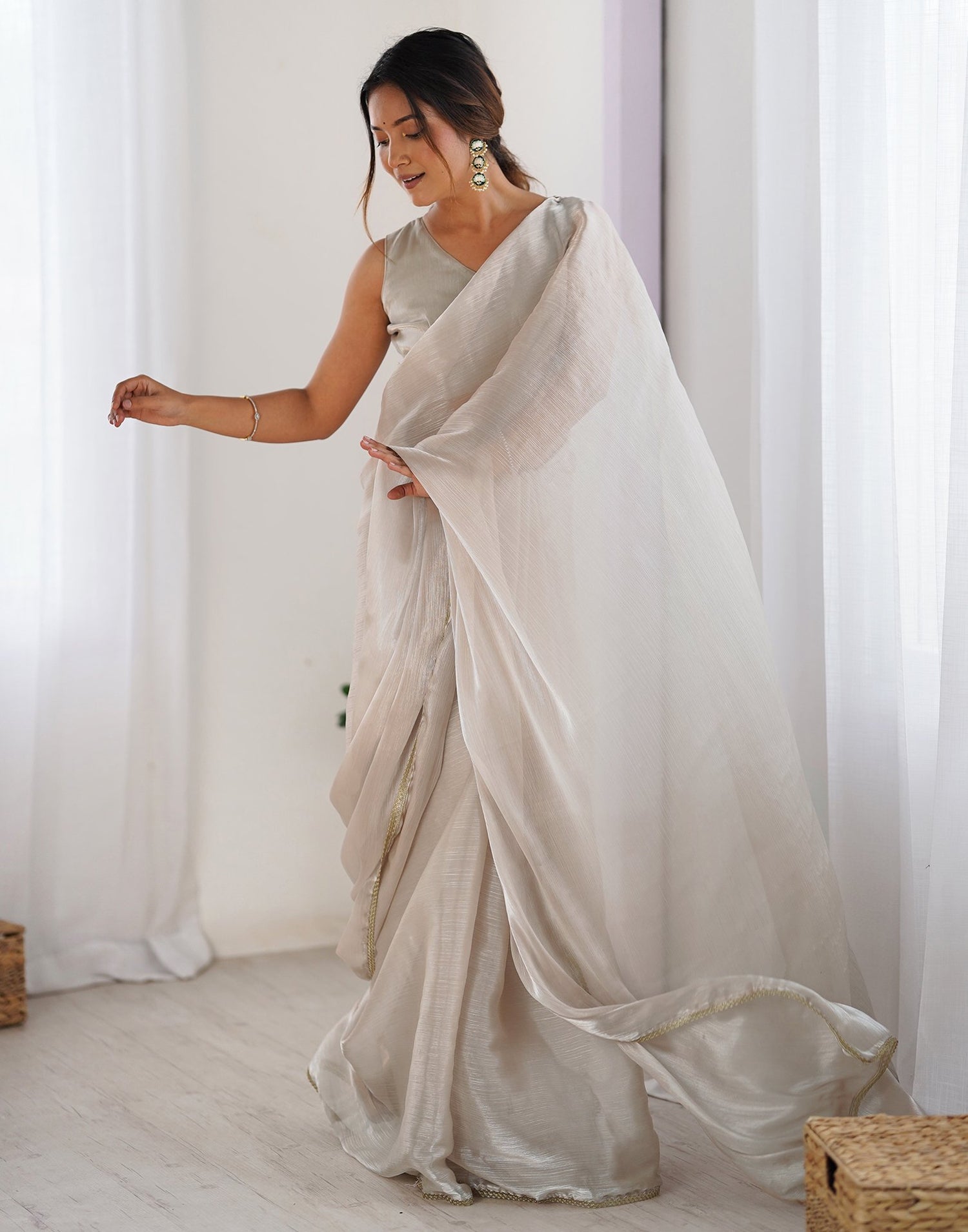 Beige Shimmer Chiffon Lace Solid Saree