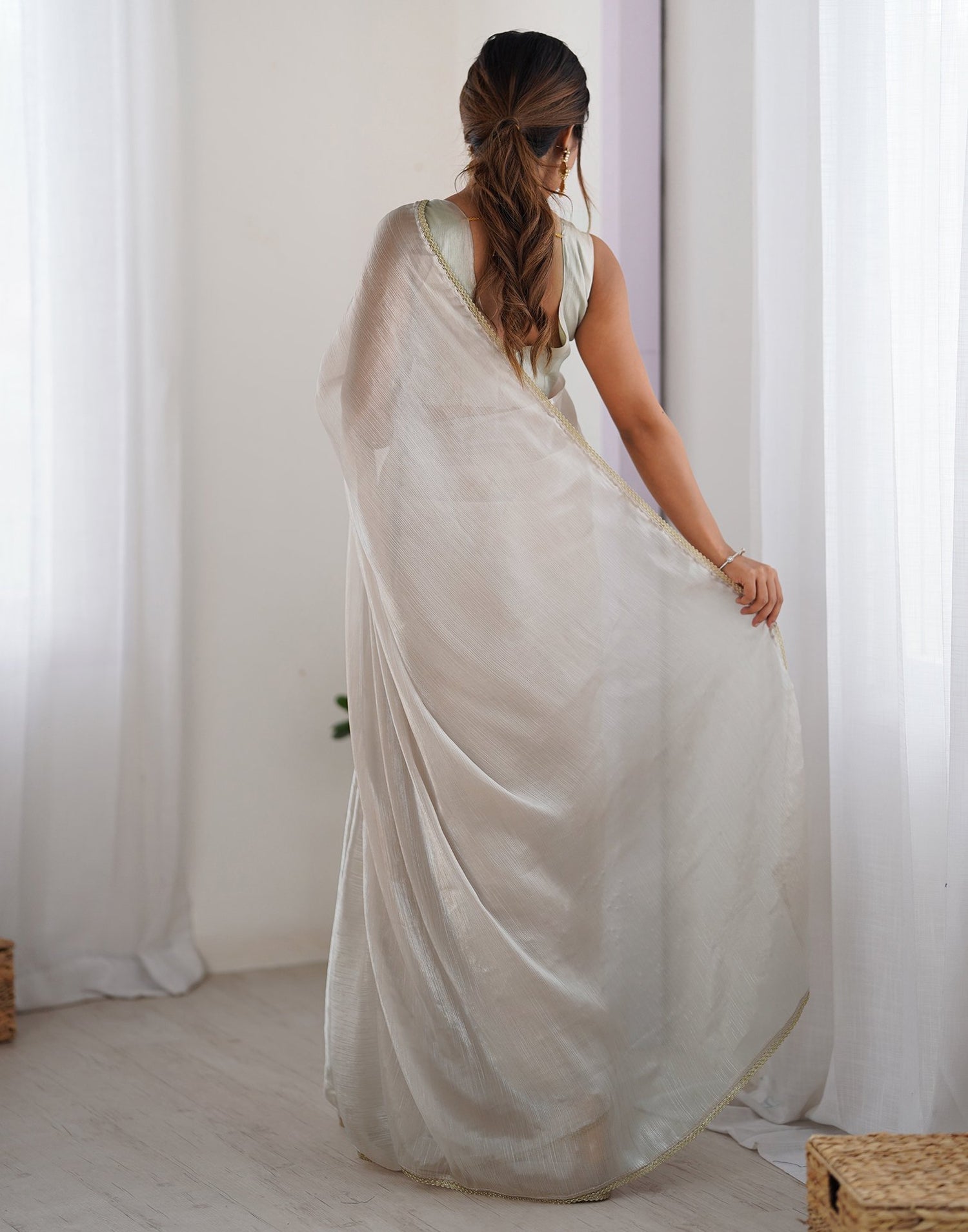 Beige Shimmer Chiffon Lace Solid Saree