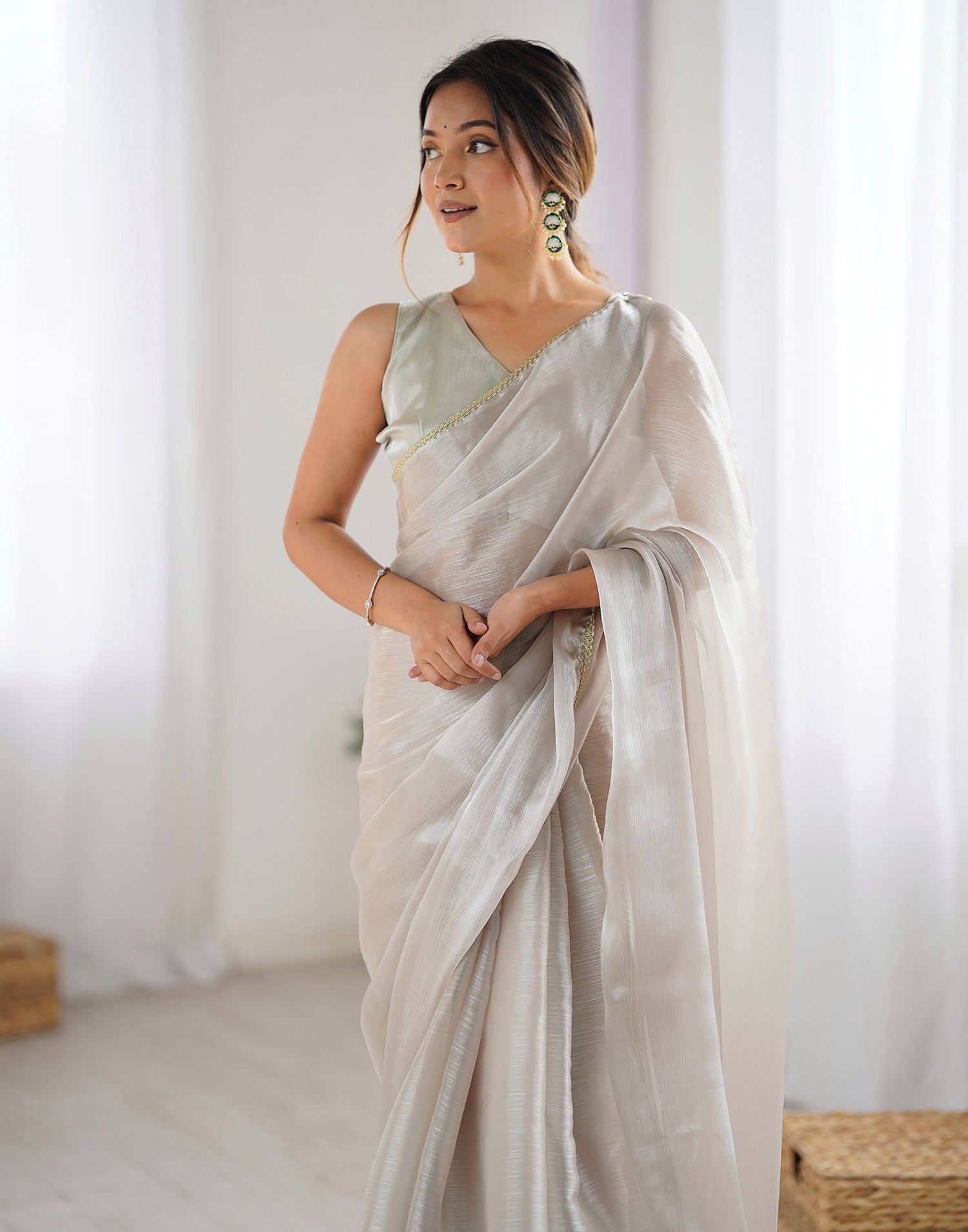 Beige Shimmer Chiffon Lace Solid Saree