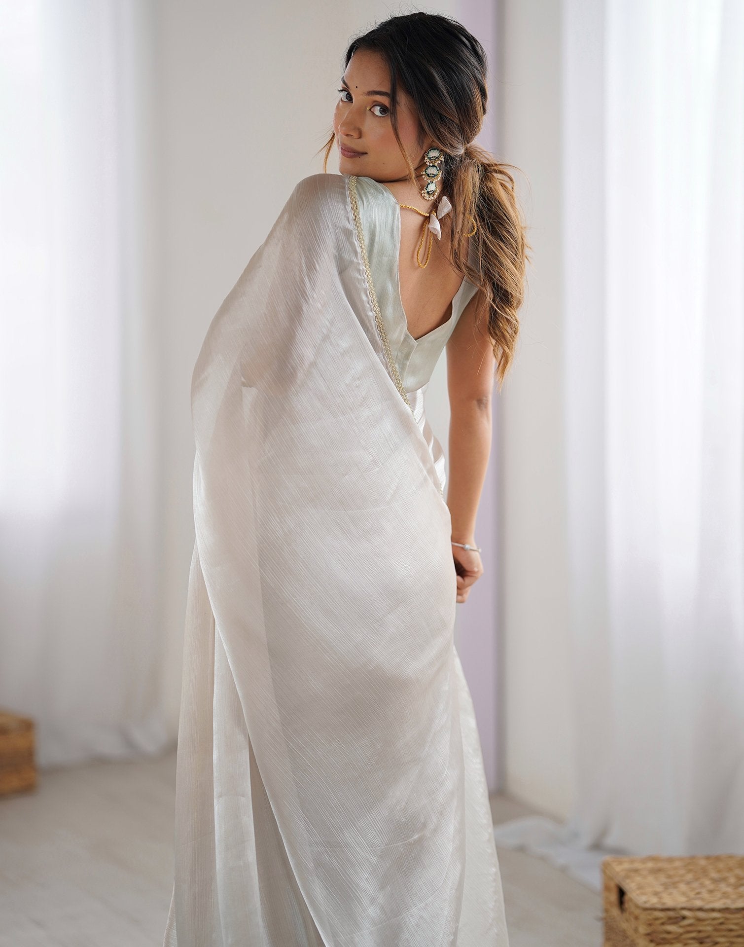 Beige Shimmer Chiffon Lace Solid Saree