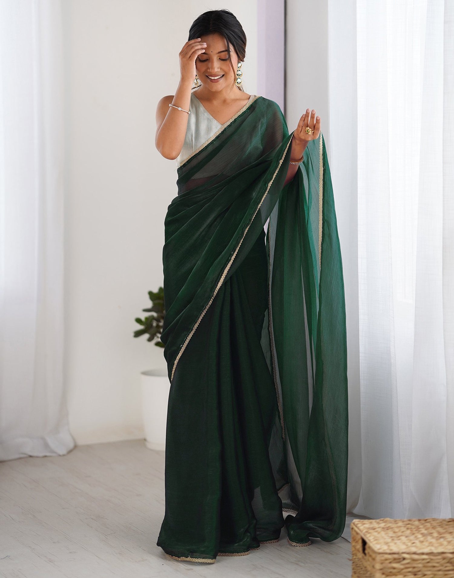 Dark Green Shimmer Chiffon Lace Solid Saree