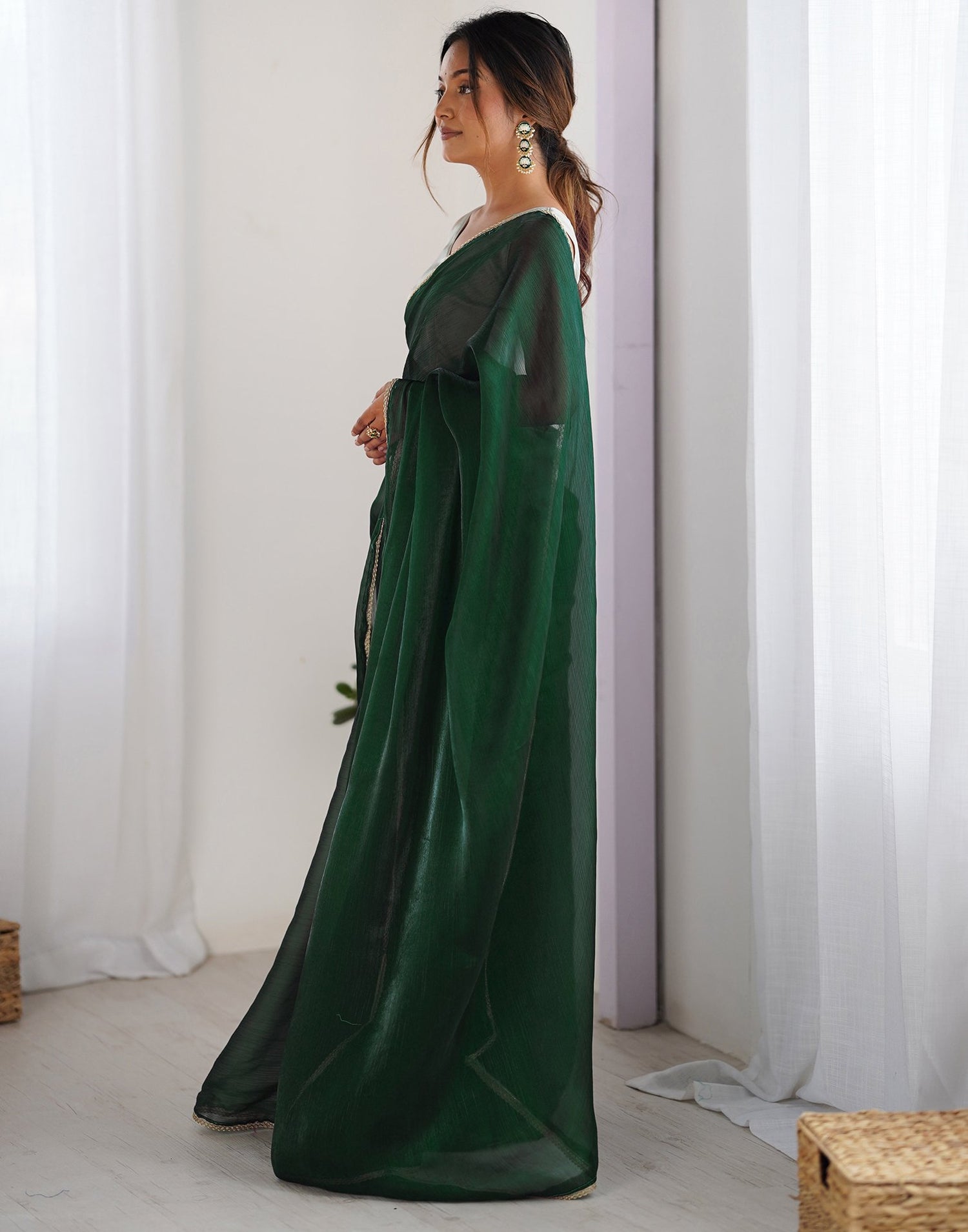 Dark Green Shimmer Chiffon Lace Solid Saree
