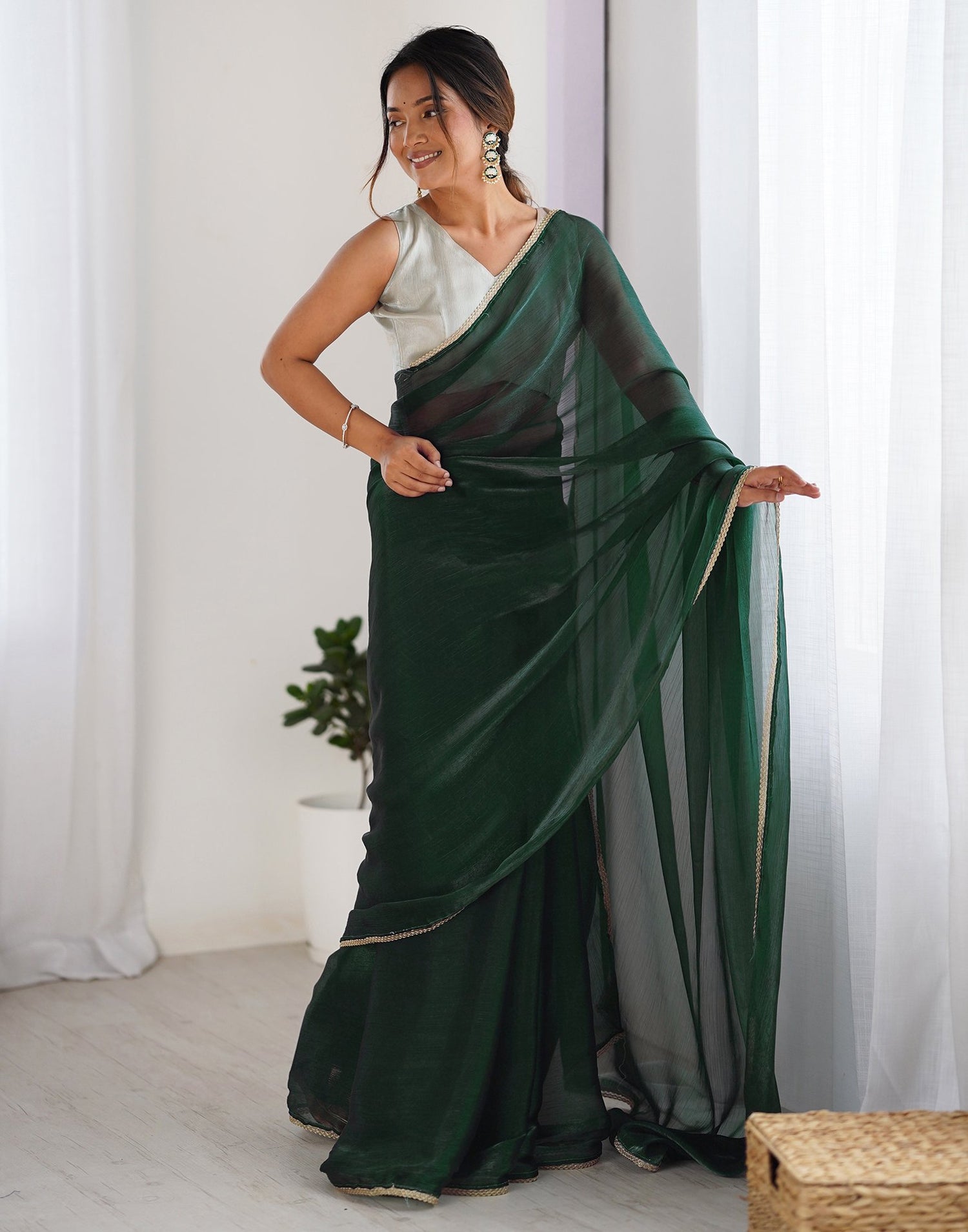 Dark Green Shimmer Chiffon Lace Solid Saree