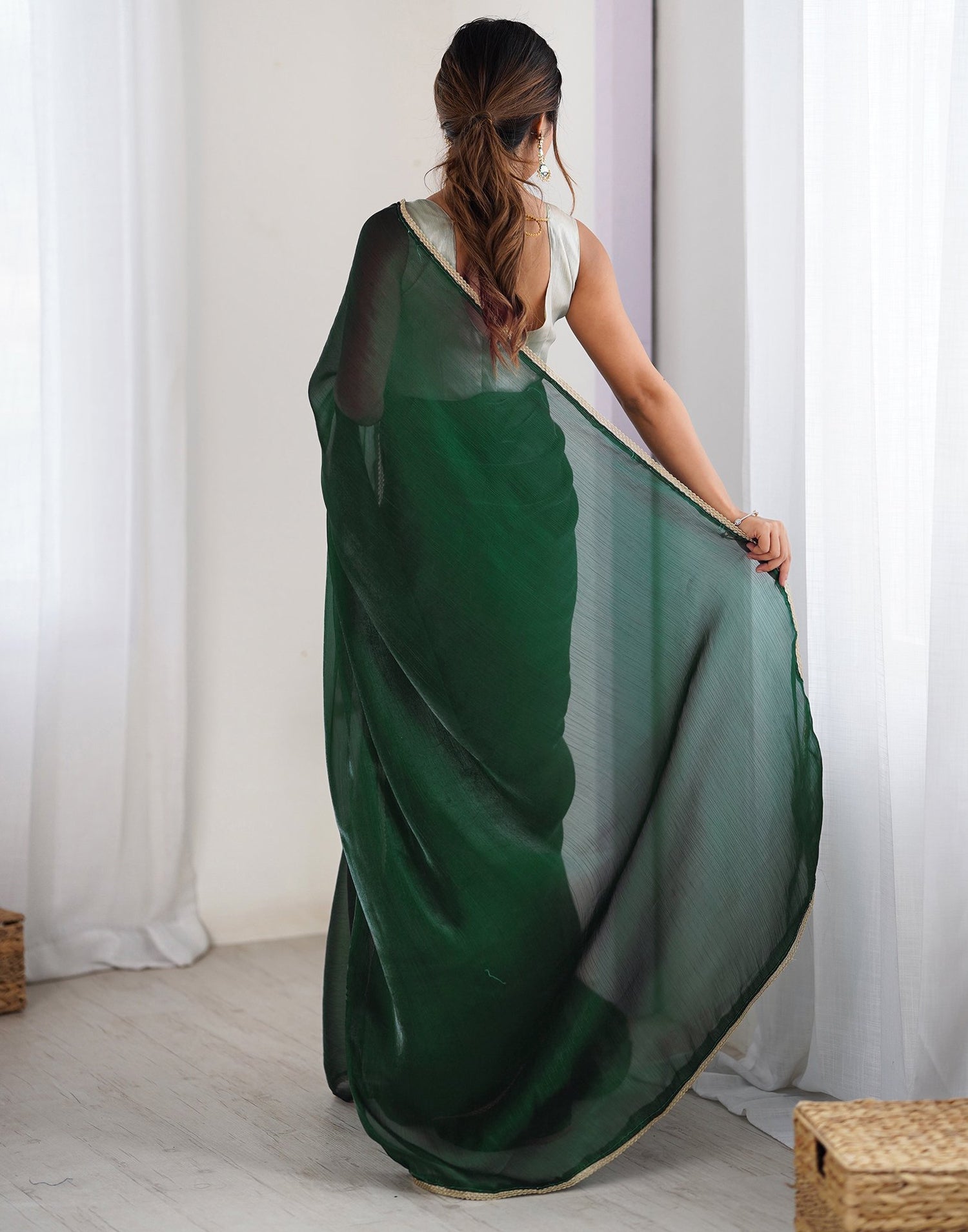 Dark Green Shimmer Chiffon Lace Solid Saree