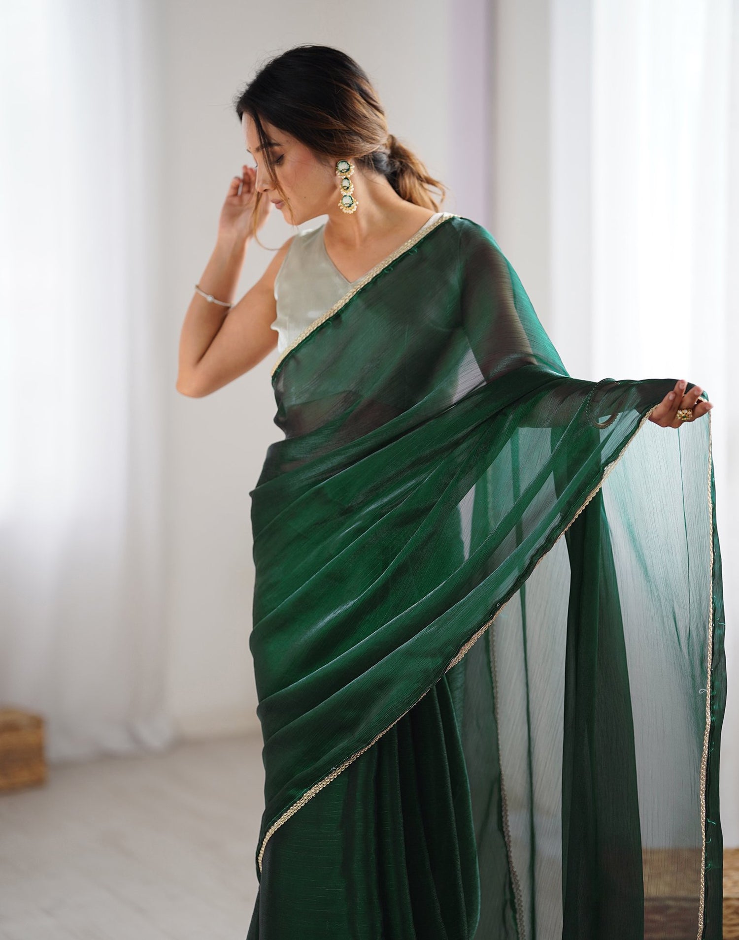 Dark Green Shimmer Chiffon Lace Solid Saree