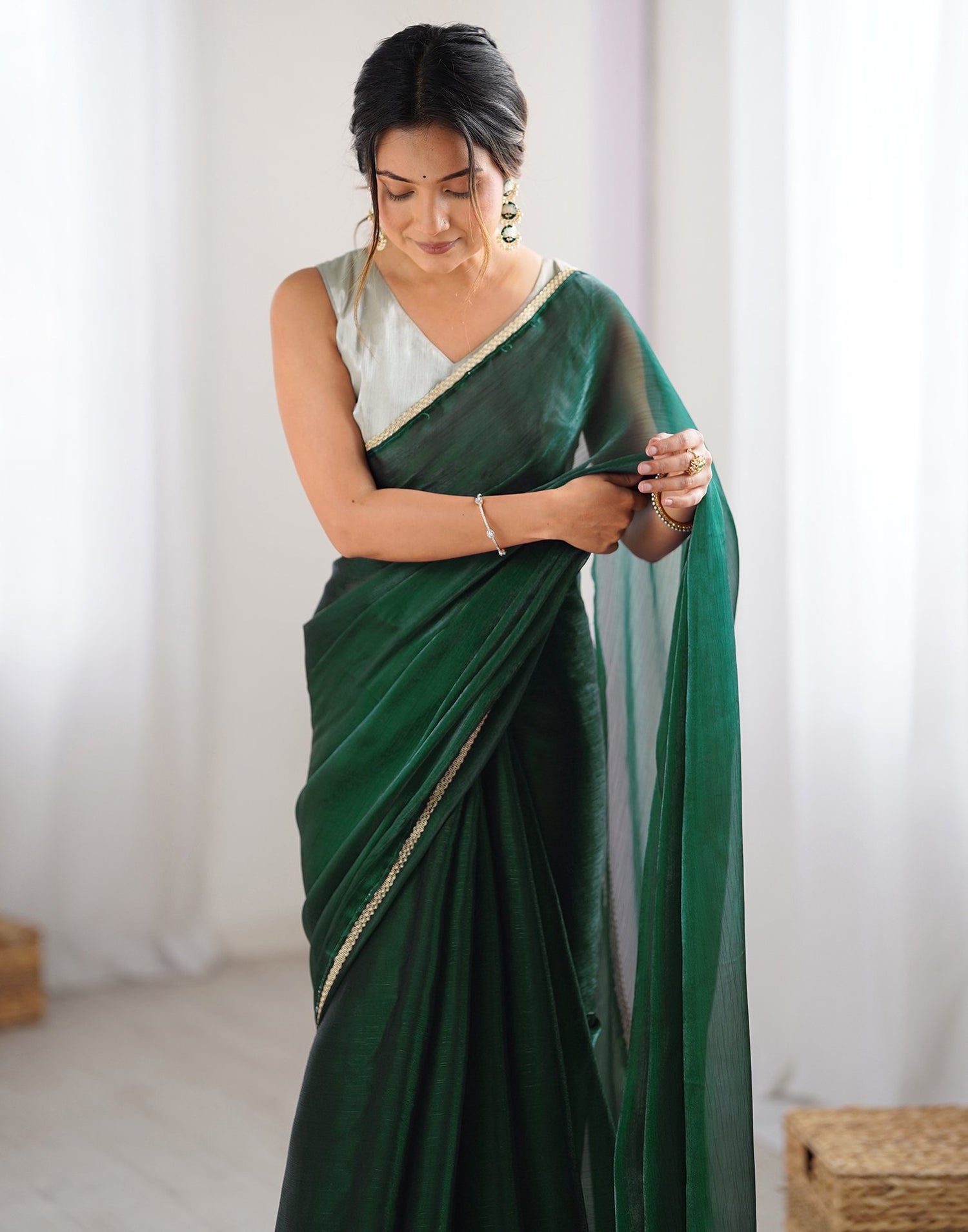 Dark Green Shimmer Chiffon Lace Solid Saree
