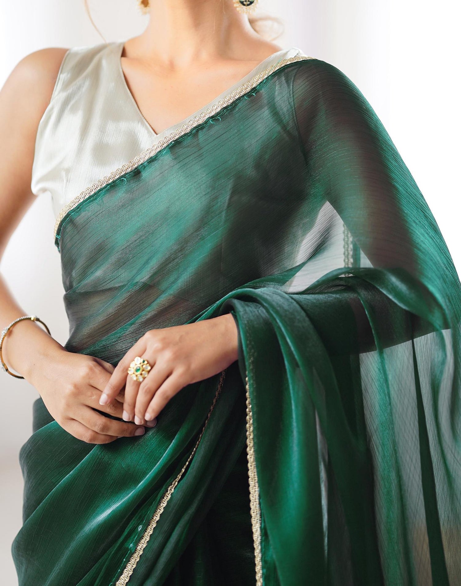 Dark Green Shimmer Chiffon Lace Solid Saree