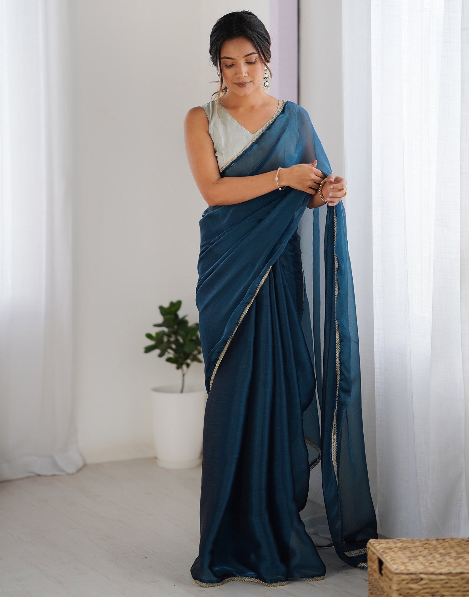 Rama Blue Shimmer Chiffon Lace Solid Saree