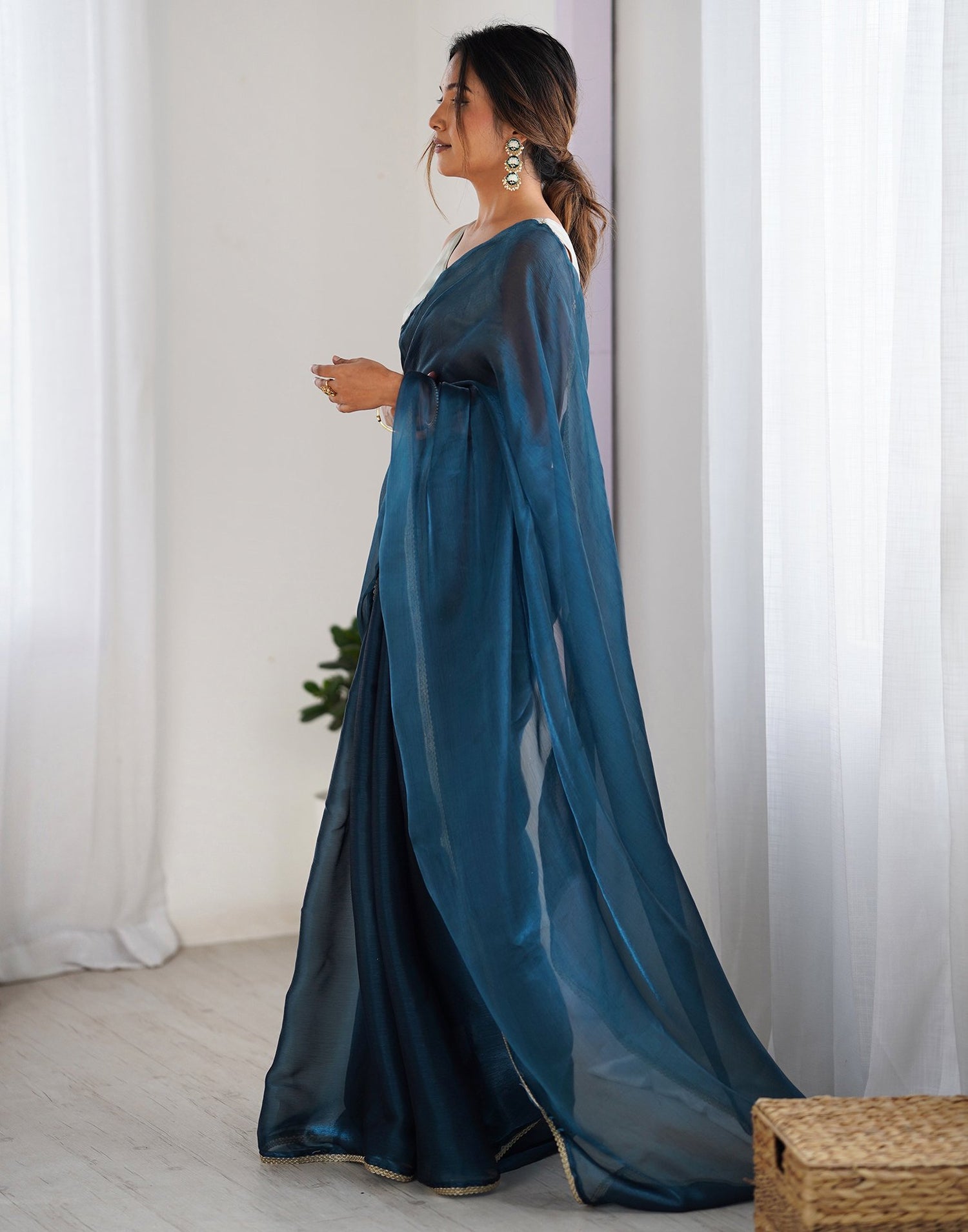 Rama Blue Shimmer Chiffon Lace Solid Saree