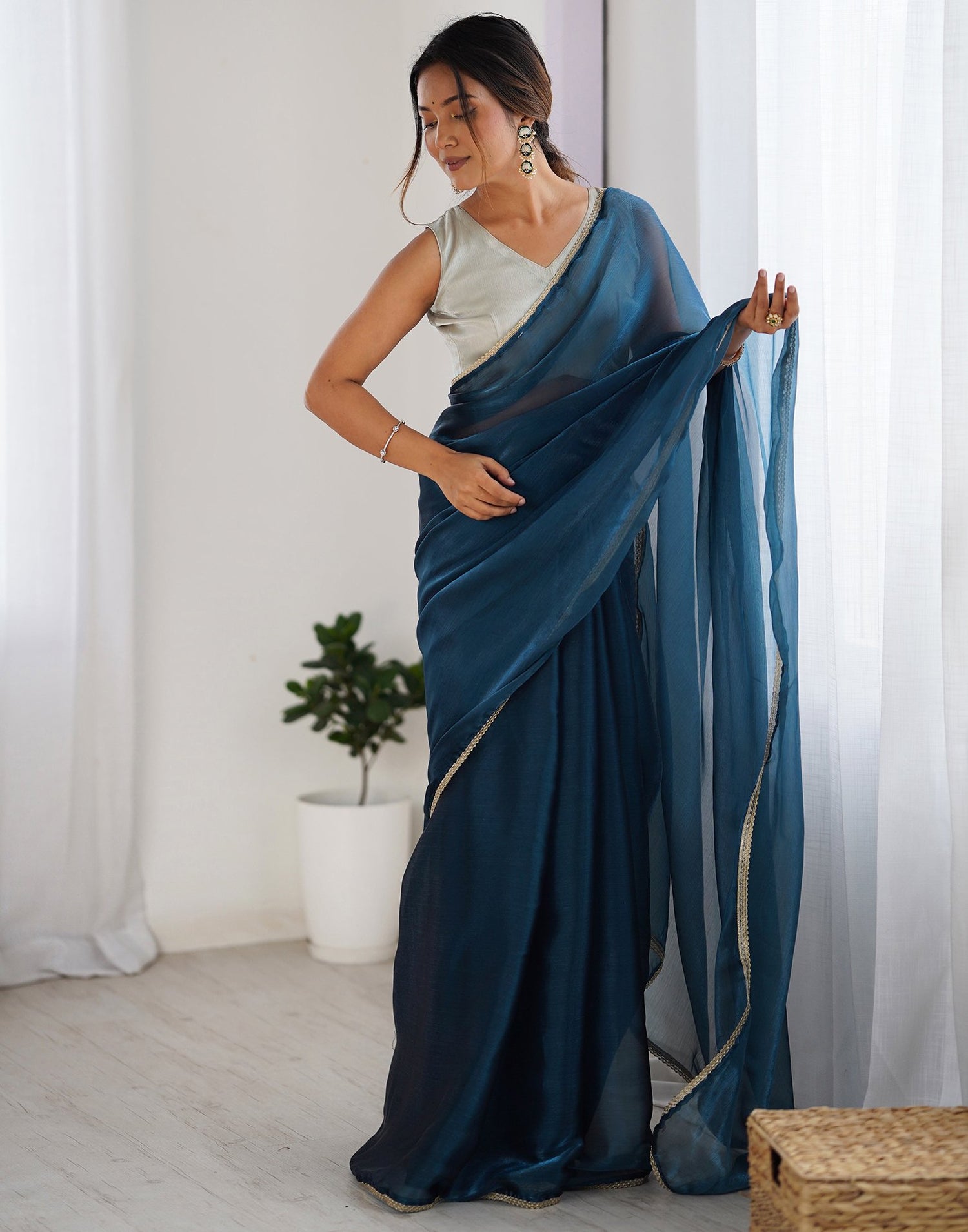 Rama Blue Shimmer Chiffon Lace Solid Saree