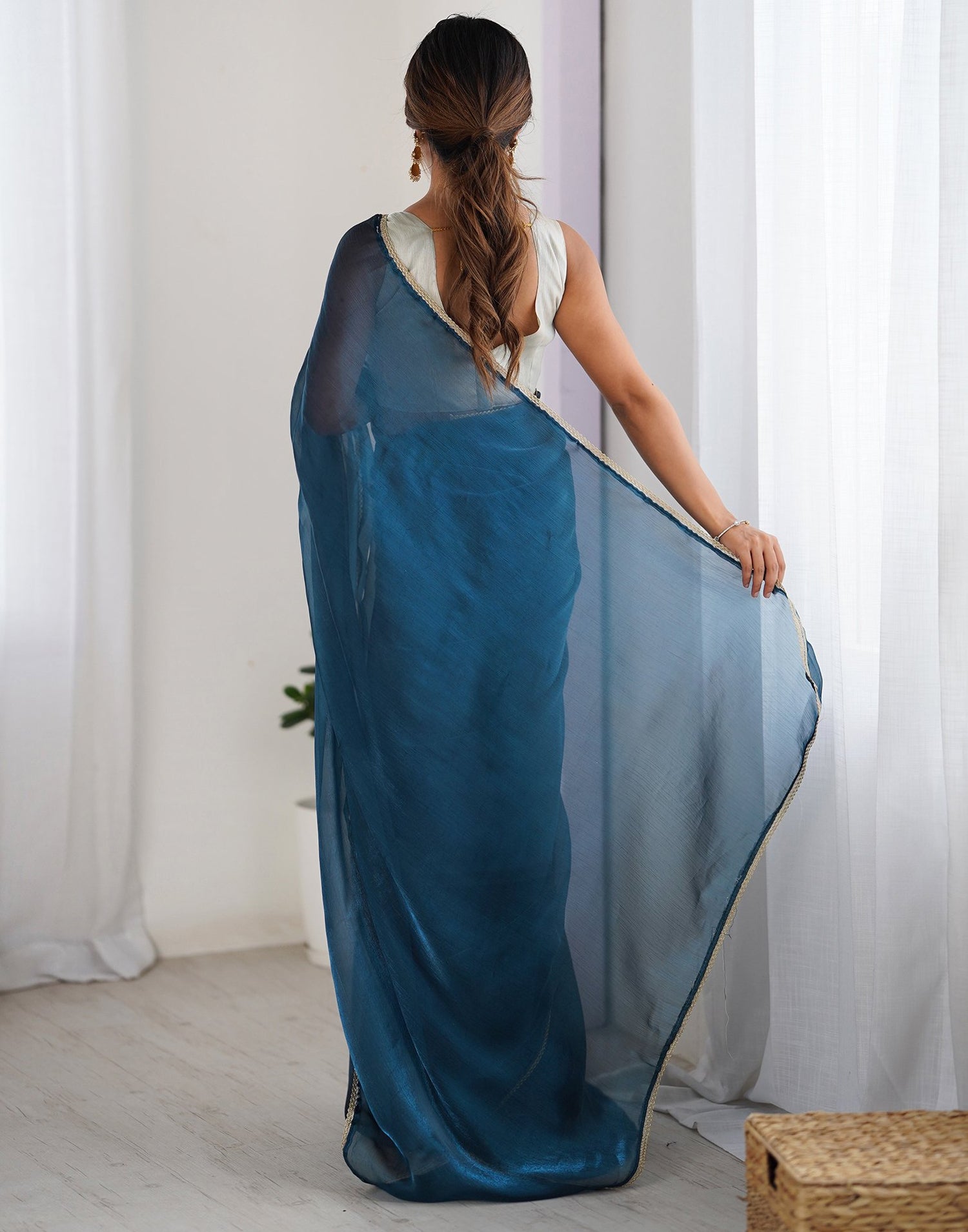 Rama Blue Shimmer Chiffon Lace Solid Saree