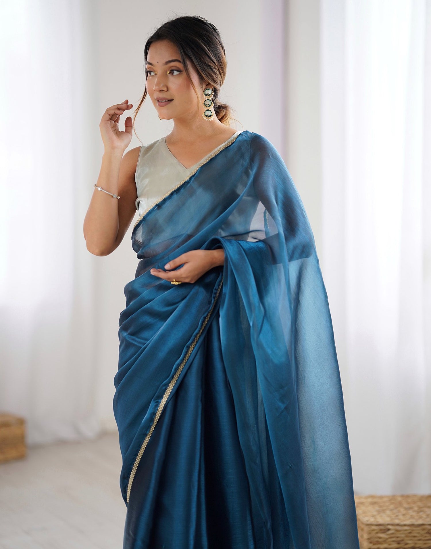 Rama Blue Shimmer Chiffon Lace Solid Saree