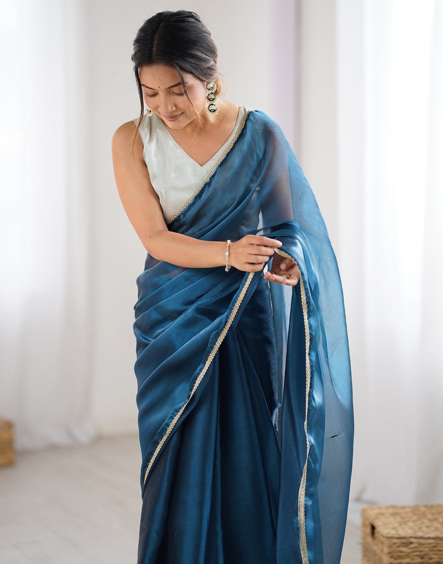 Rama Blue Shimmer Chiffon Lace Solid Saree