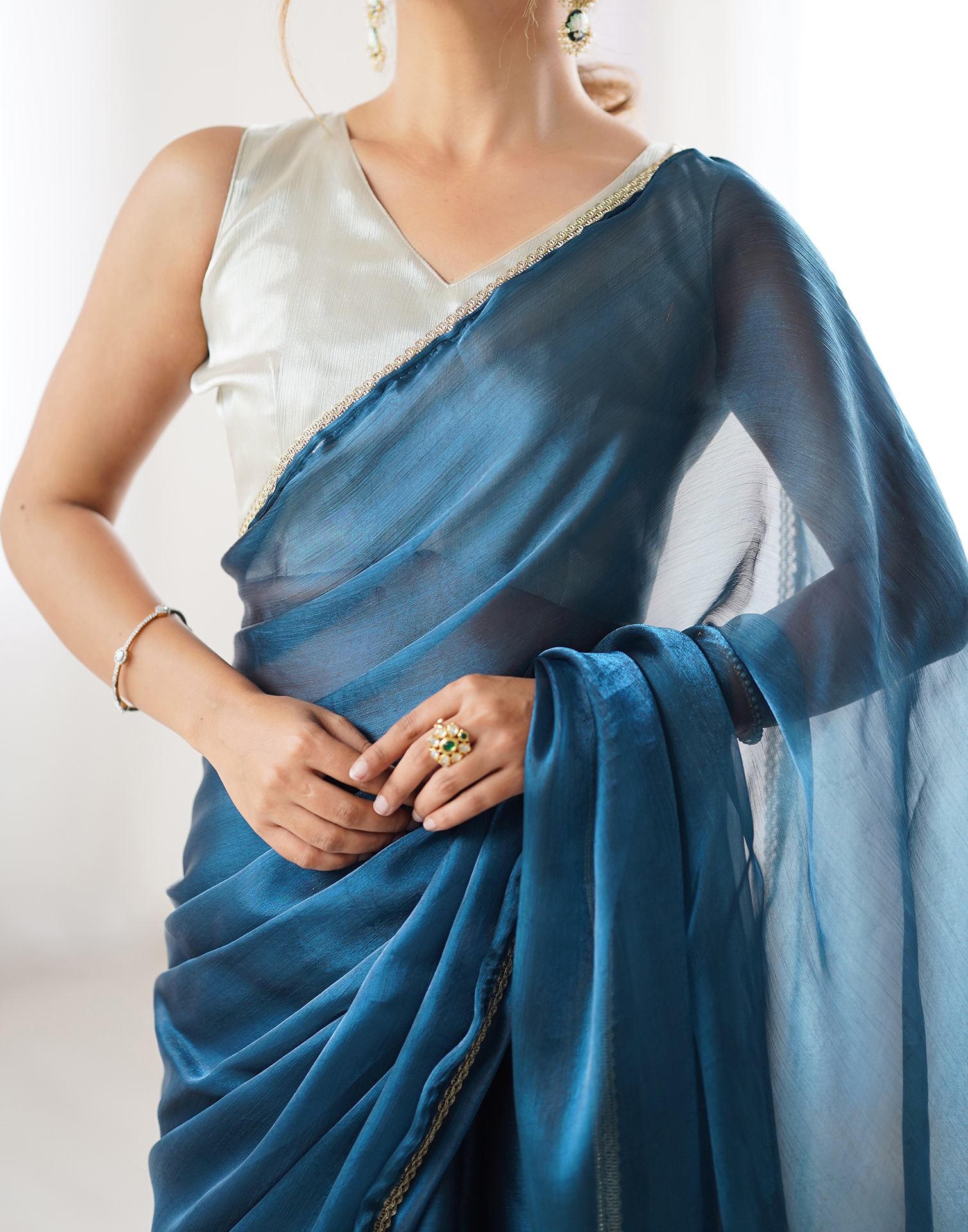 Rama Blue Shimmer Chiffon Lace Solid Saree