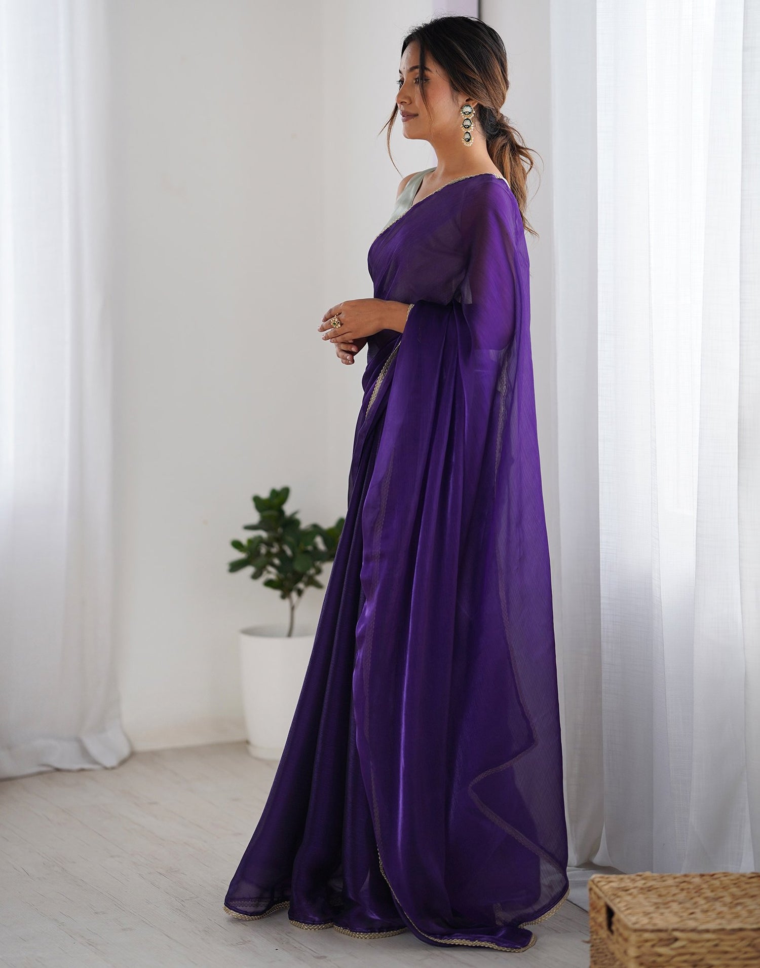 Purple Shimmer Chiffon Lace Solid Saree