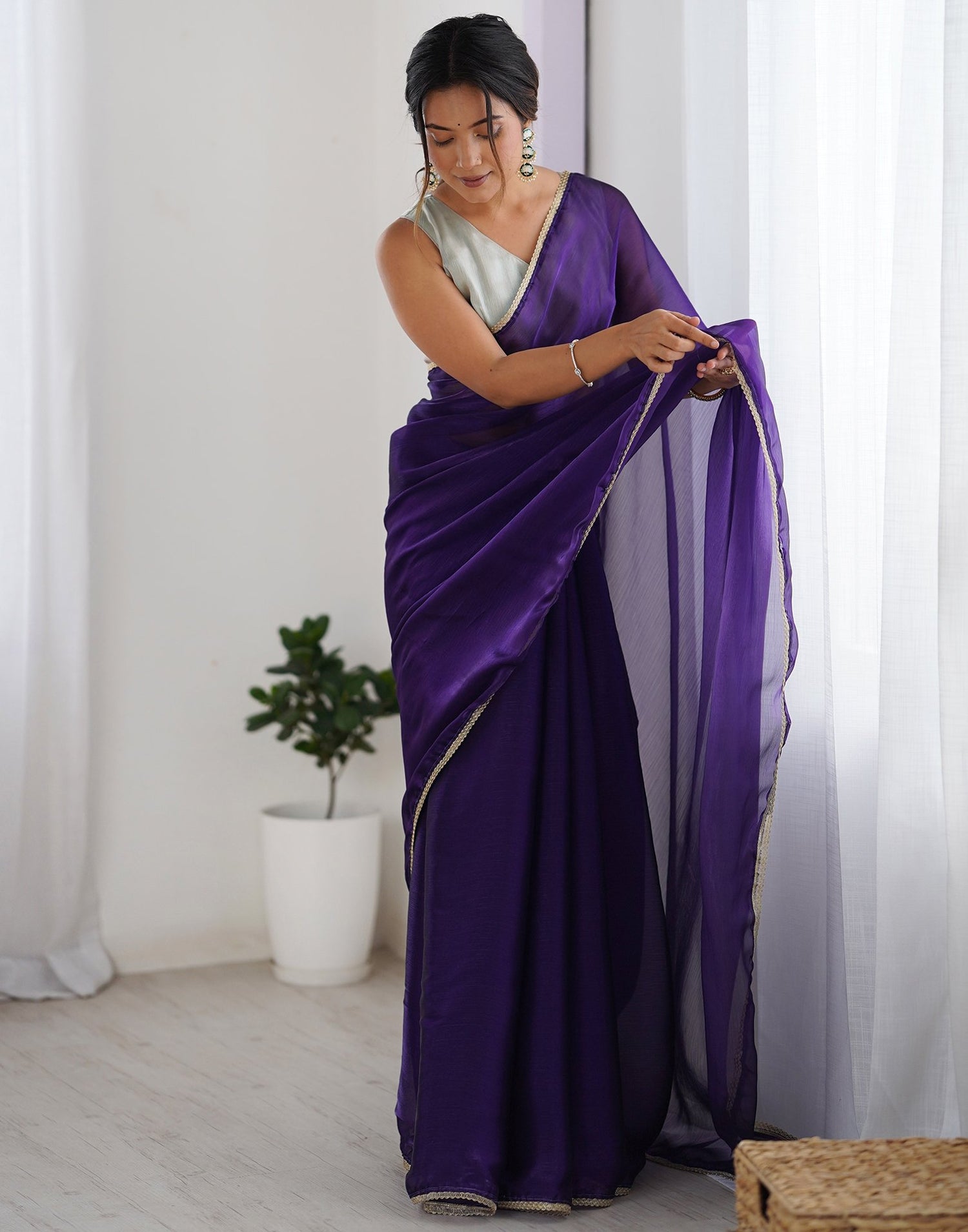Purple Shimmer Chiffon Lace Solid Saree
