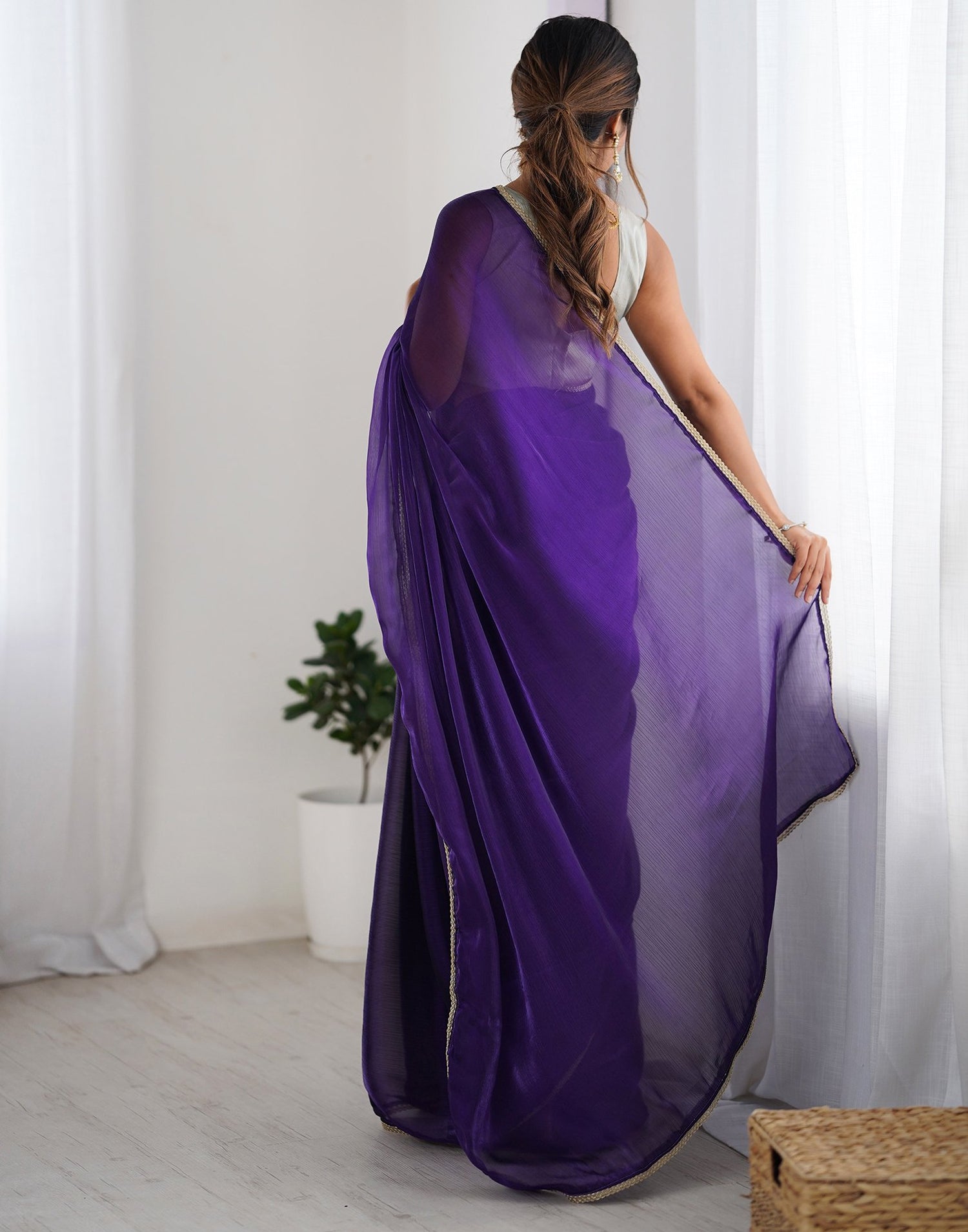 Purple Shimmer Chiffon Lace Solid Saree