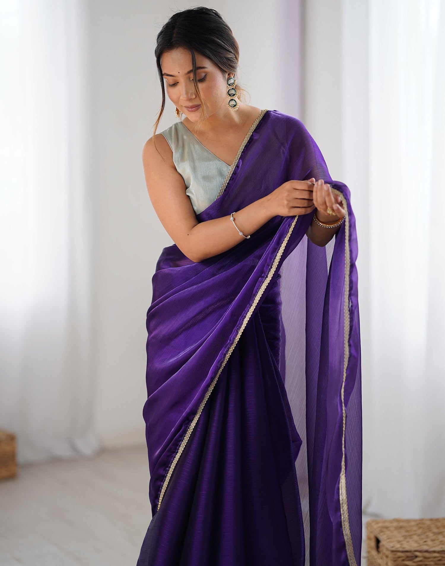 Purple Shimmer Chiffon Lace Solid Saree
