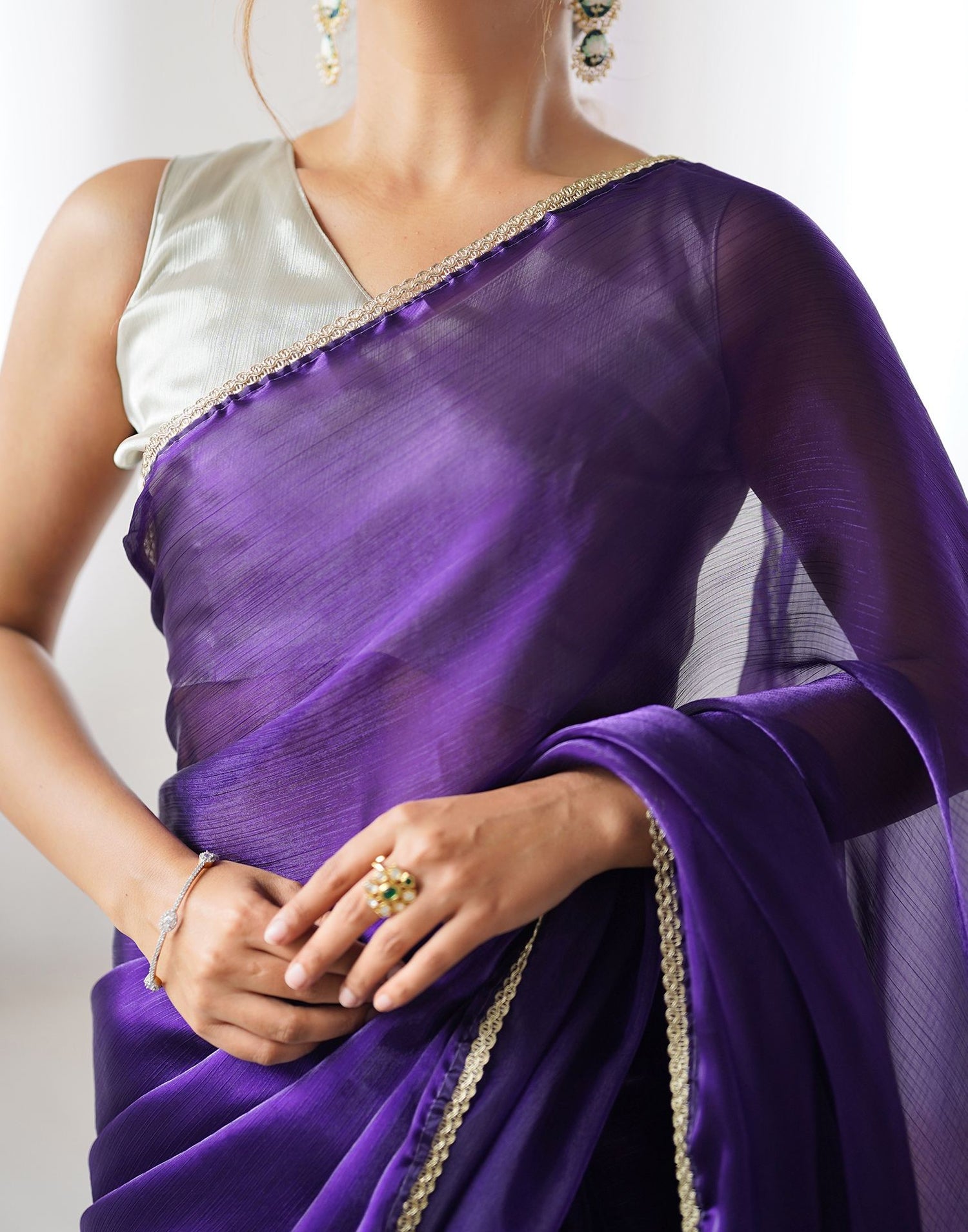 Purple Shimmer Chiffon Lace Solid Saree