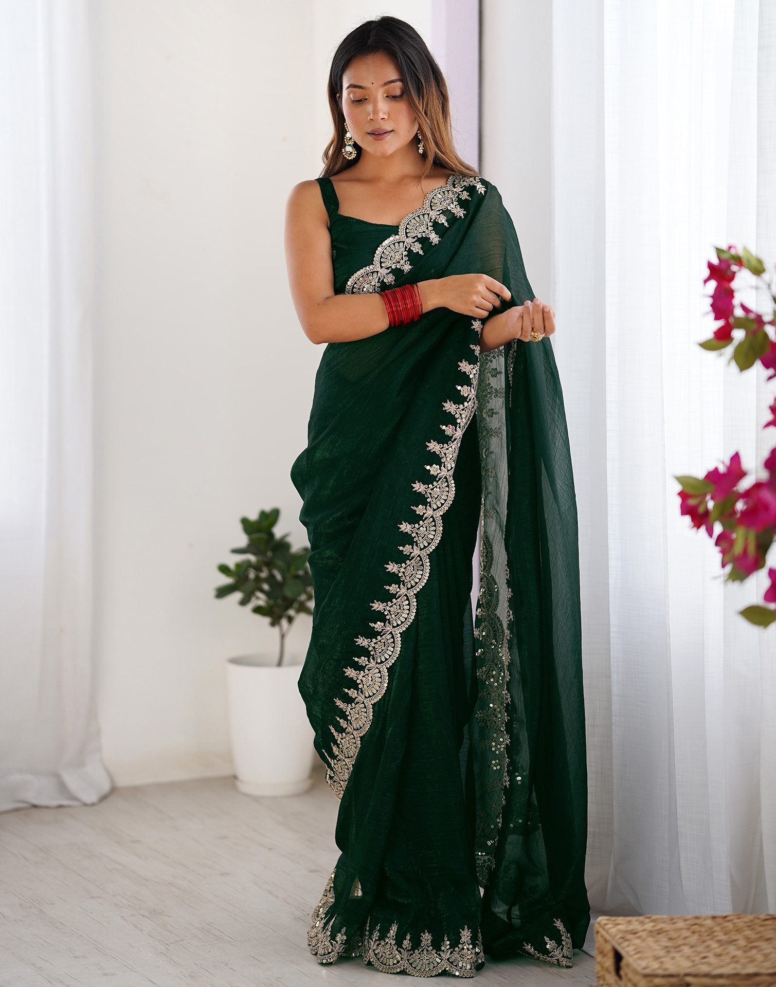 Dark Green Shimmer Chiffon Sequence Embroidery Saree