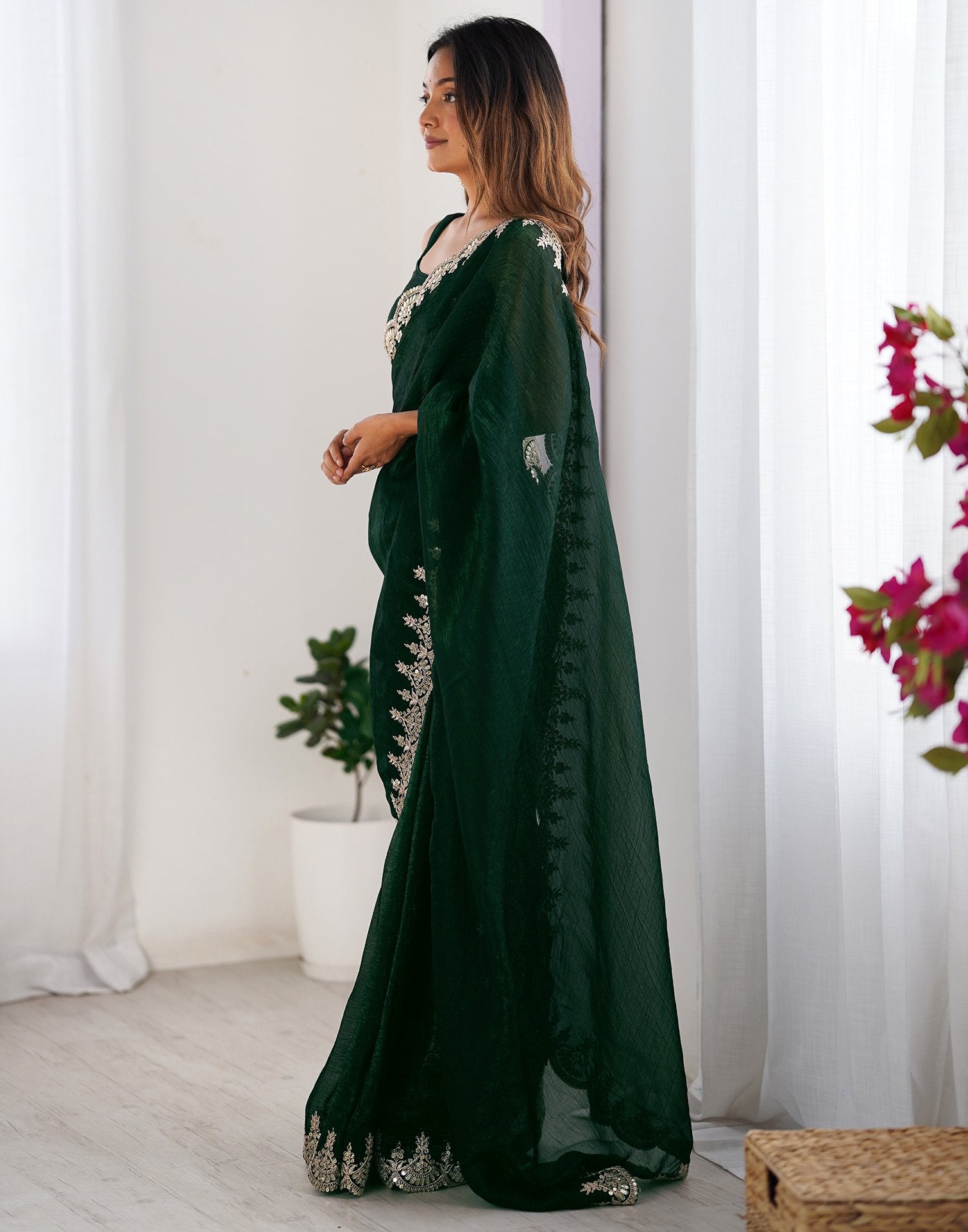 Dark Green Shimmer Chiffon Sequence Embroidery Saree