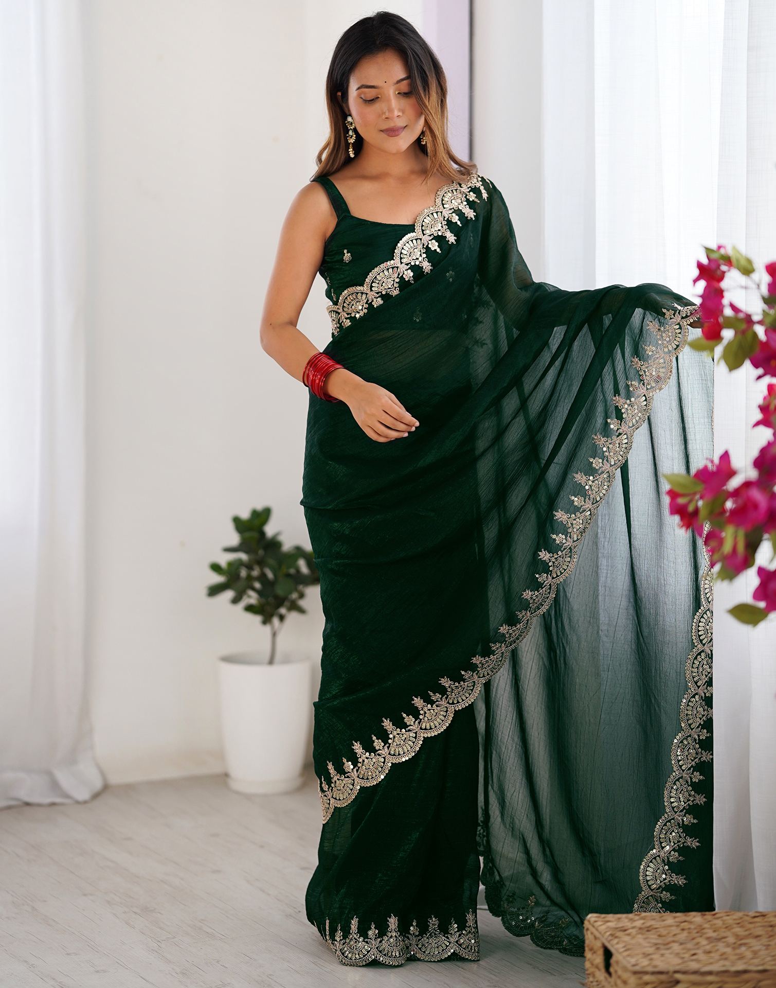Dark Green Shimmer Chiffon Sequence Embroidery Saree