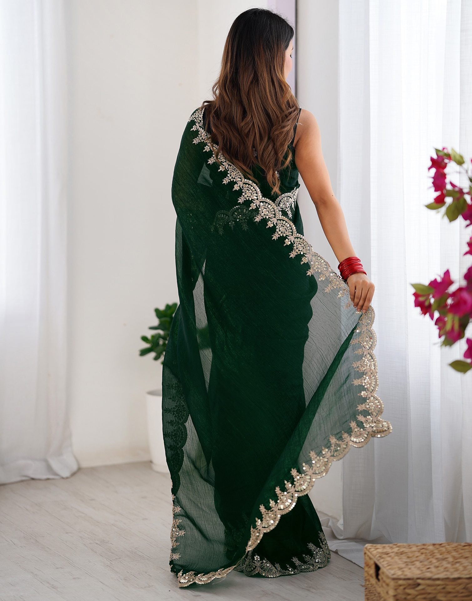 Dark Green Shimmer Chiffon Sequence Embroidery Saree