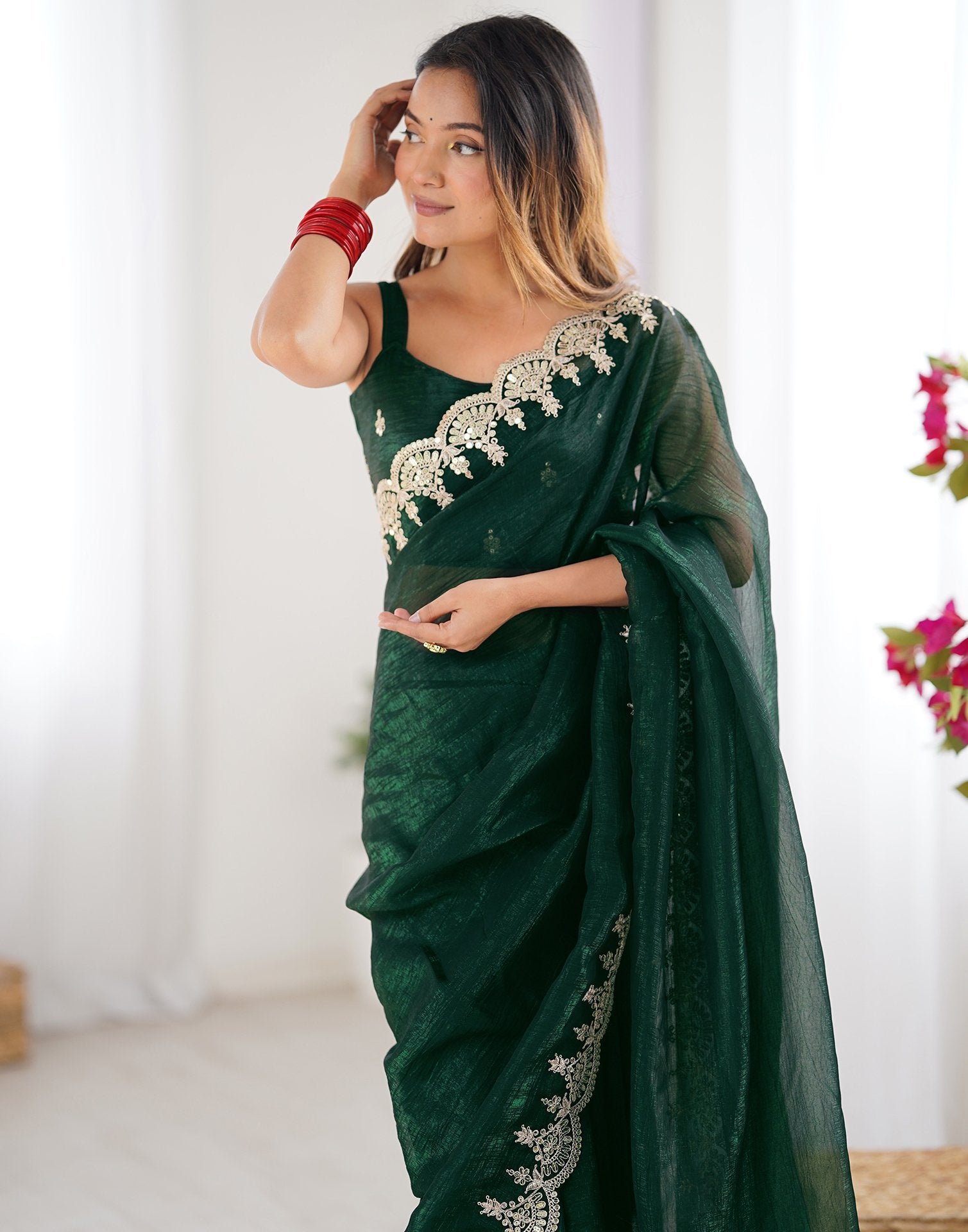 Dark Green Shimmer Chiffon Sequence Embroidery Saree