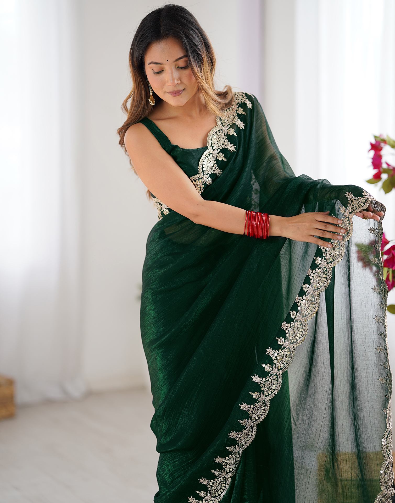 Dark Green Shimmer Chiffon Sequence Embroidery Saree