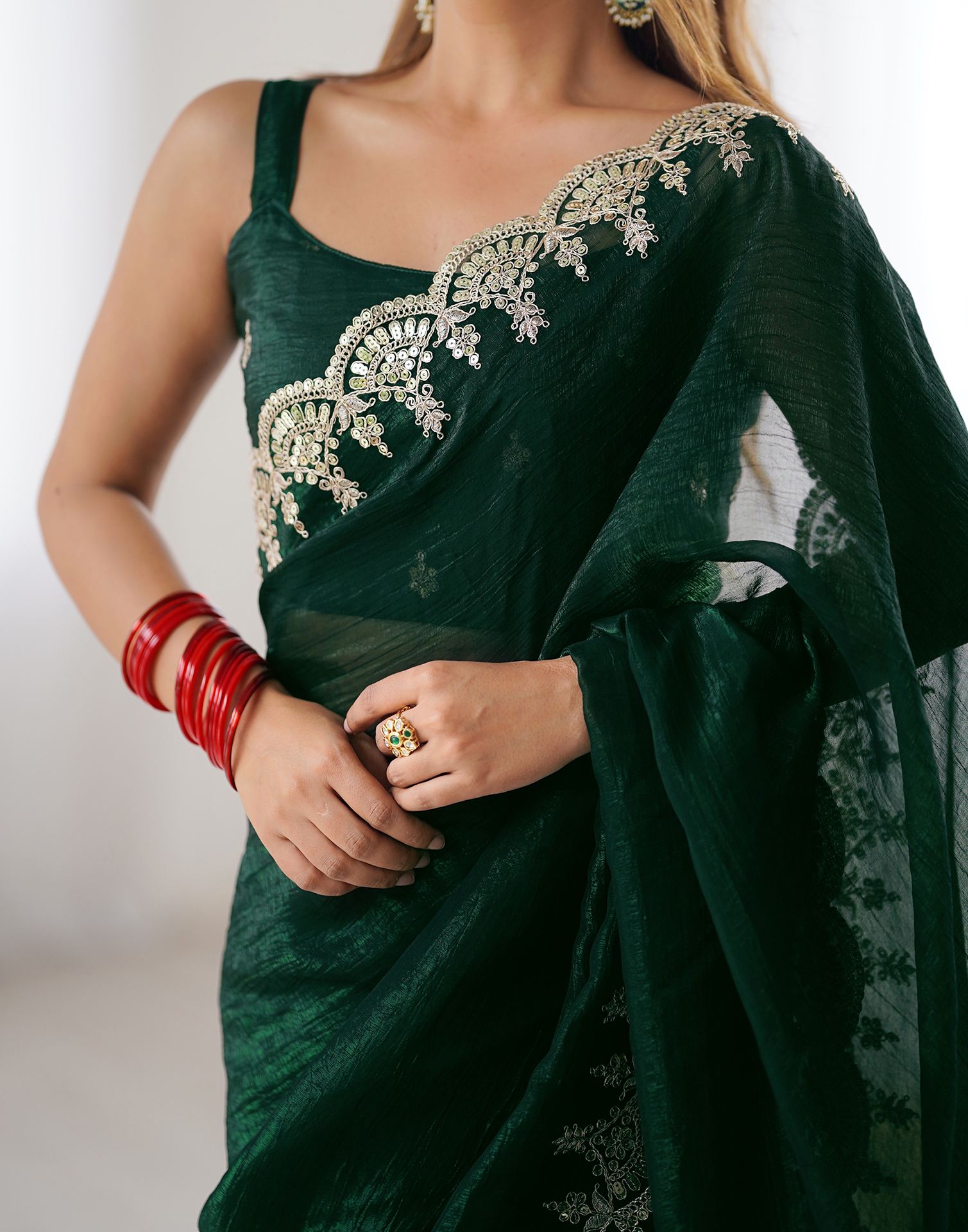 Dark Green Shimmer Chiffon Sequence Embroidery Saree