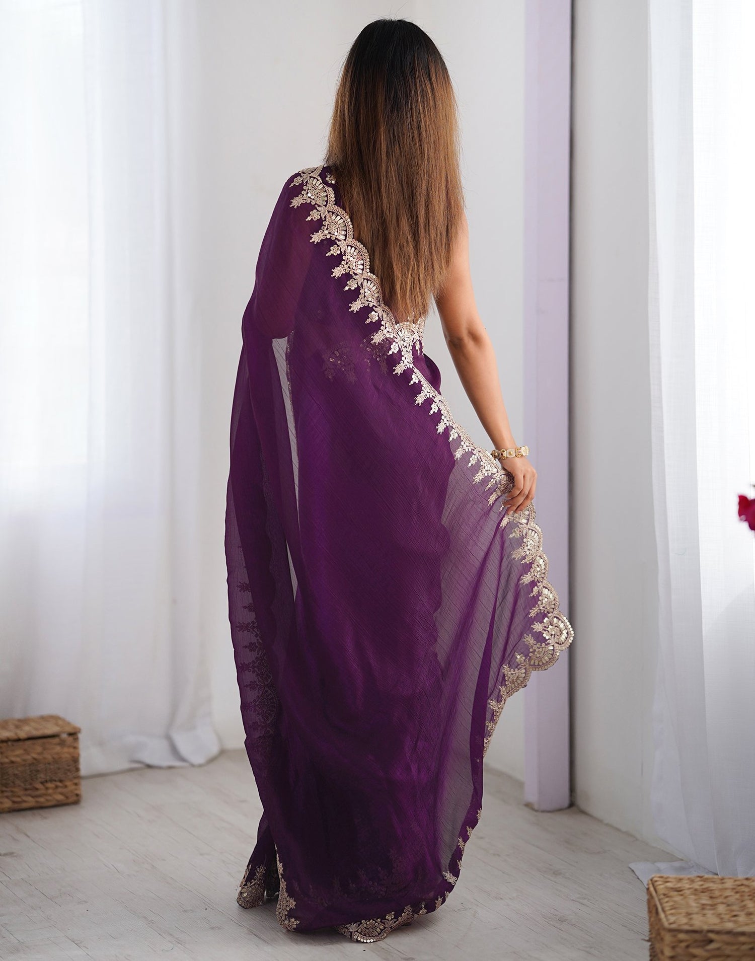 Wine Shimmer Chiffon Sequence Embroidery Saree