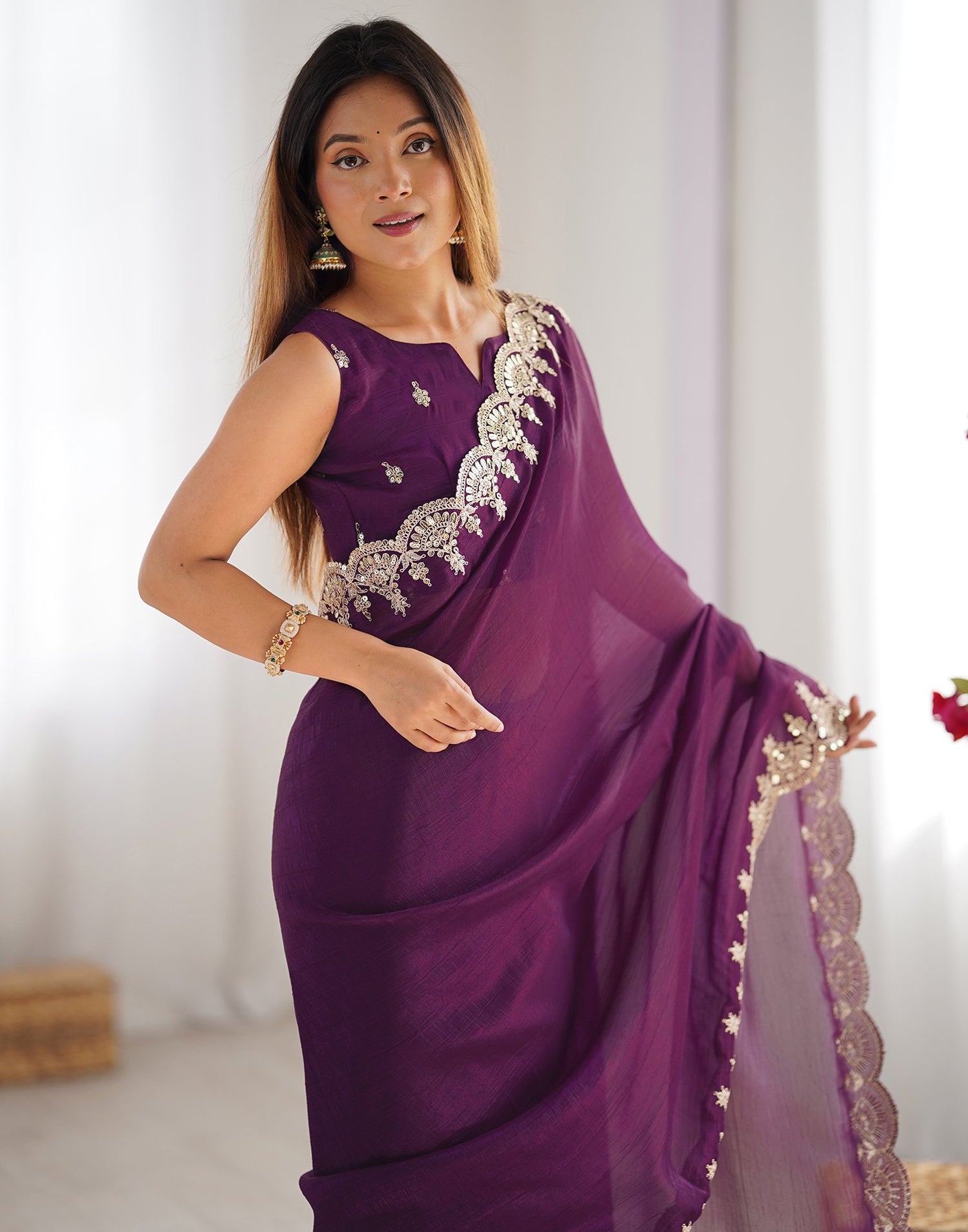 Wine Shimmer Chiffon Sequence Embroidery Saree