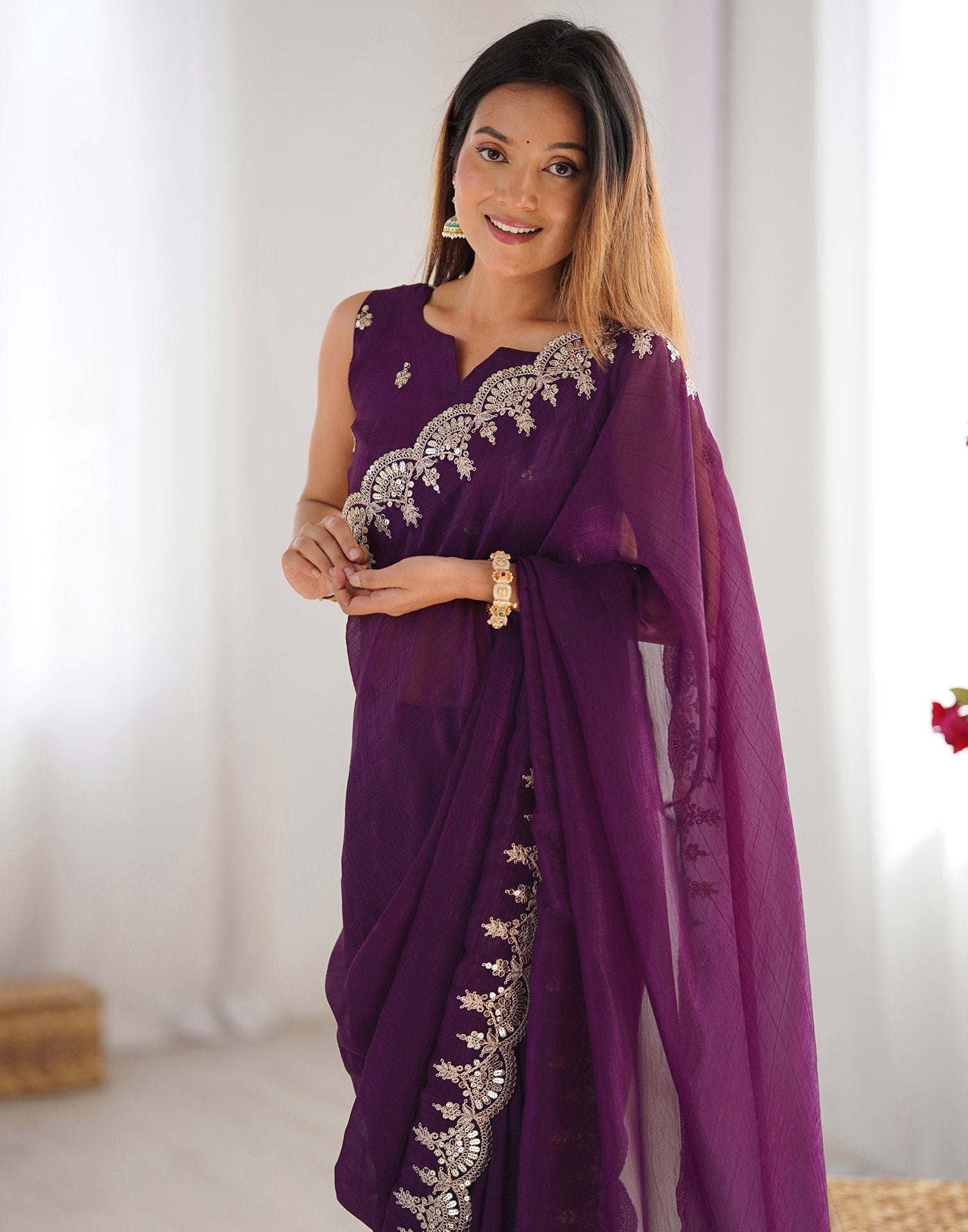Wine Shimmer Chiffon Sequence Embroidery Saree