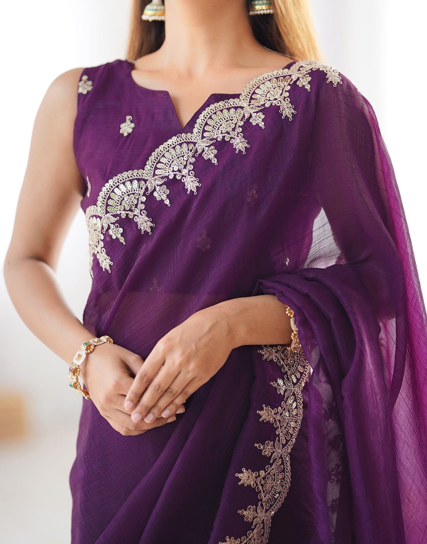 Wine Shimmer Chiffon Sequence Embroidery Saree