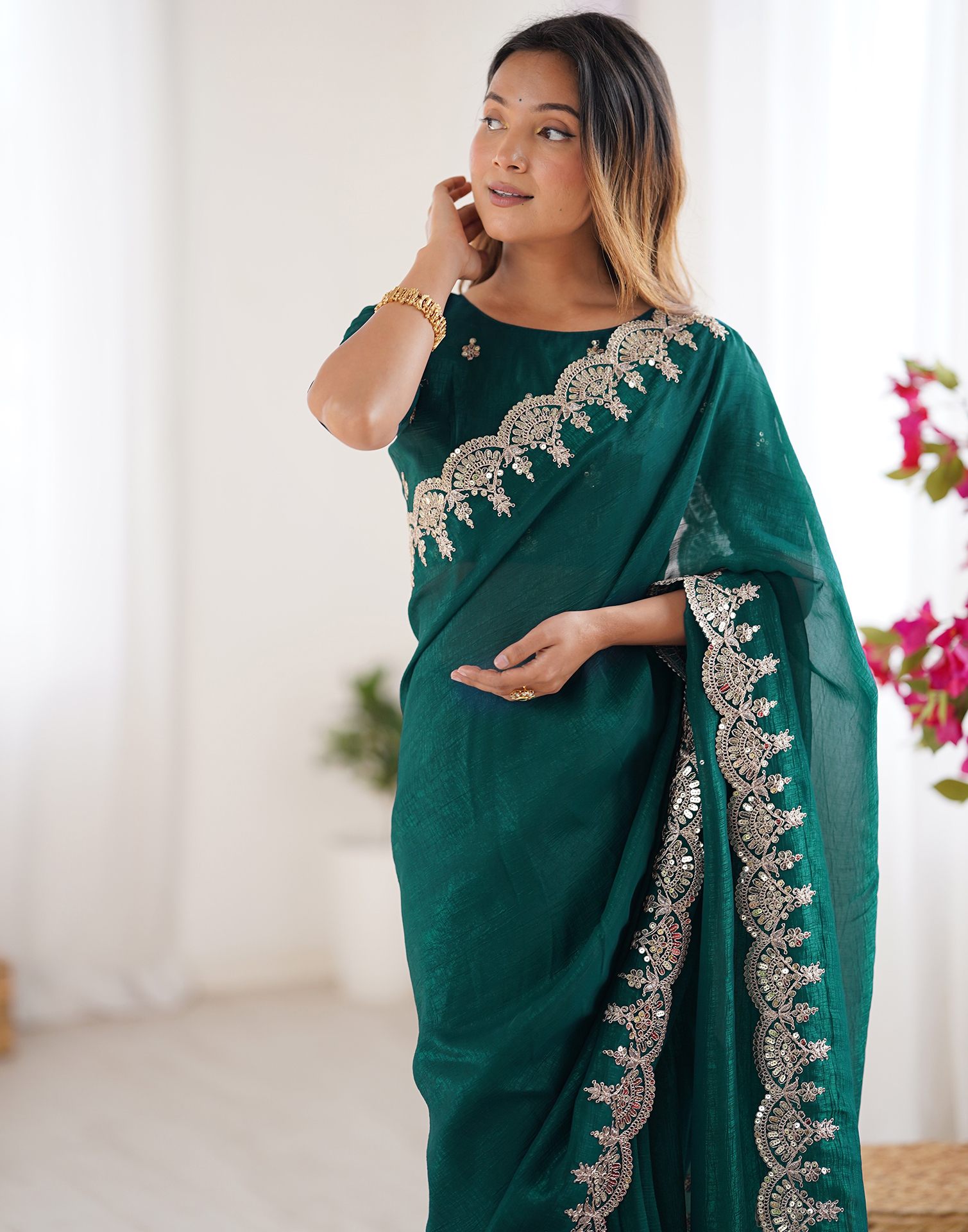 Teal Green Shimmer Chiffon Sequence Embroidery Saree