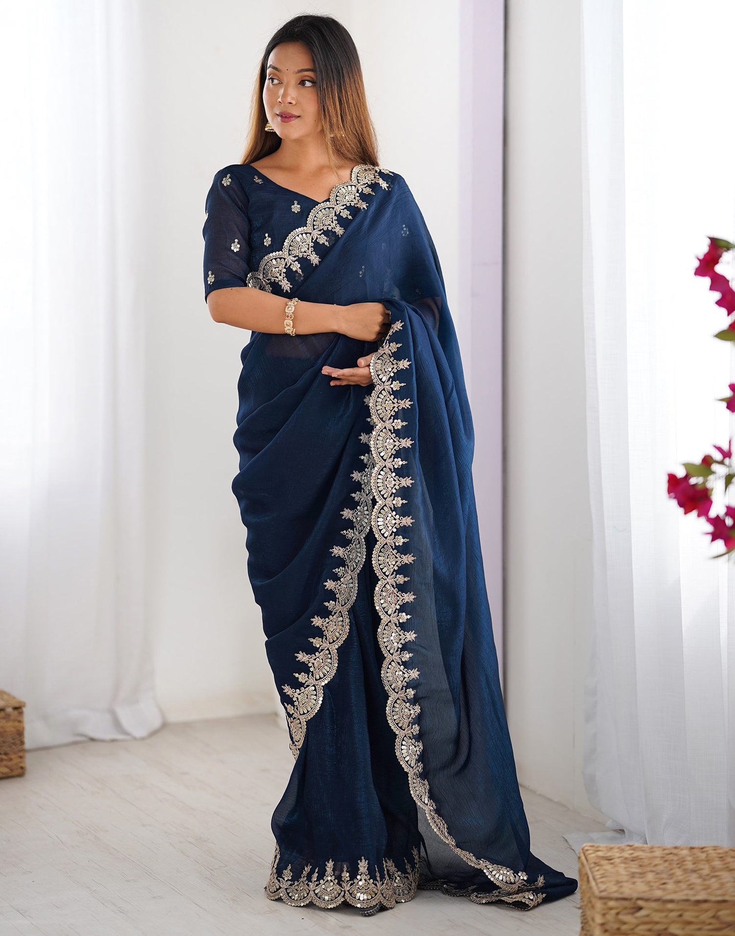 Rama Blue Shimmer Chiffon Sequence Embroidery Saree
