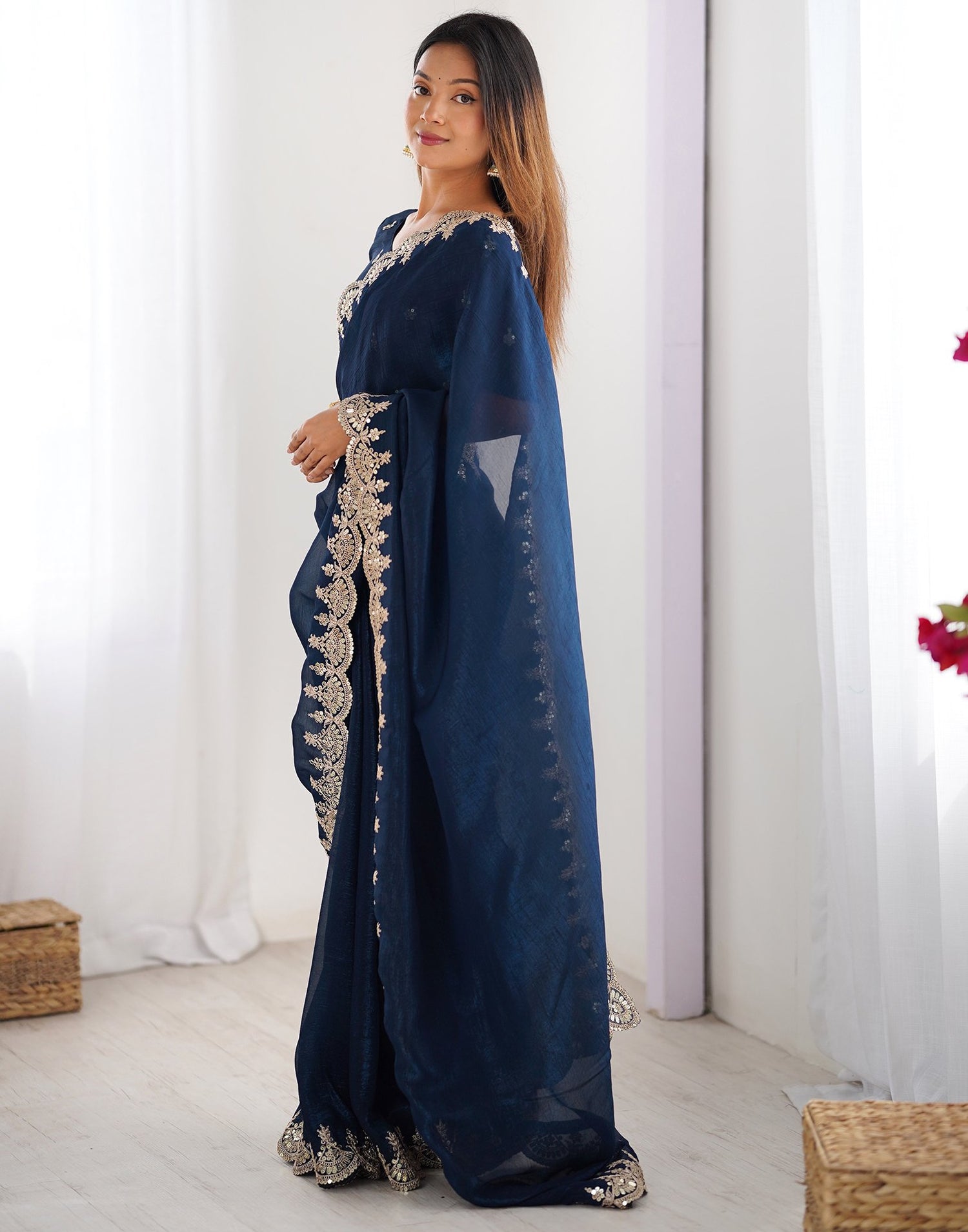 Rama Blue Shimmer Chiffon Sequence Embroidery Saree